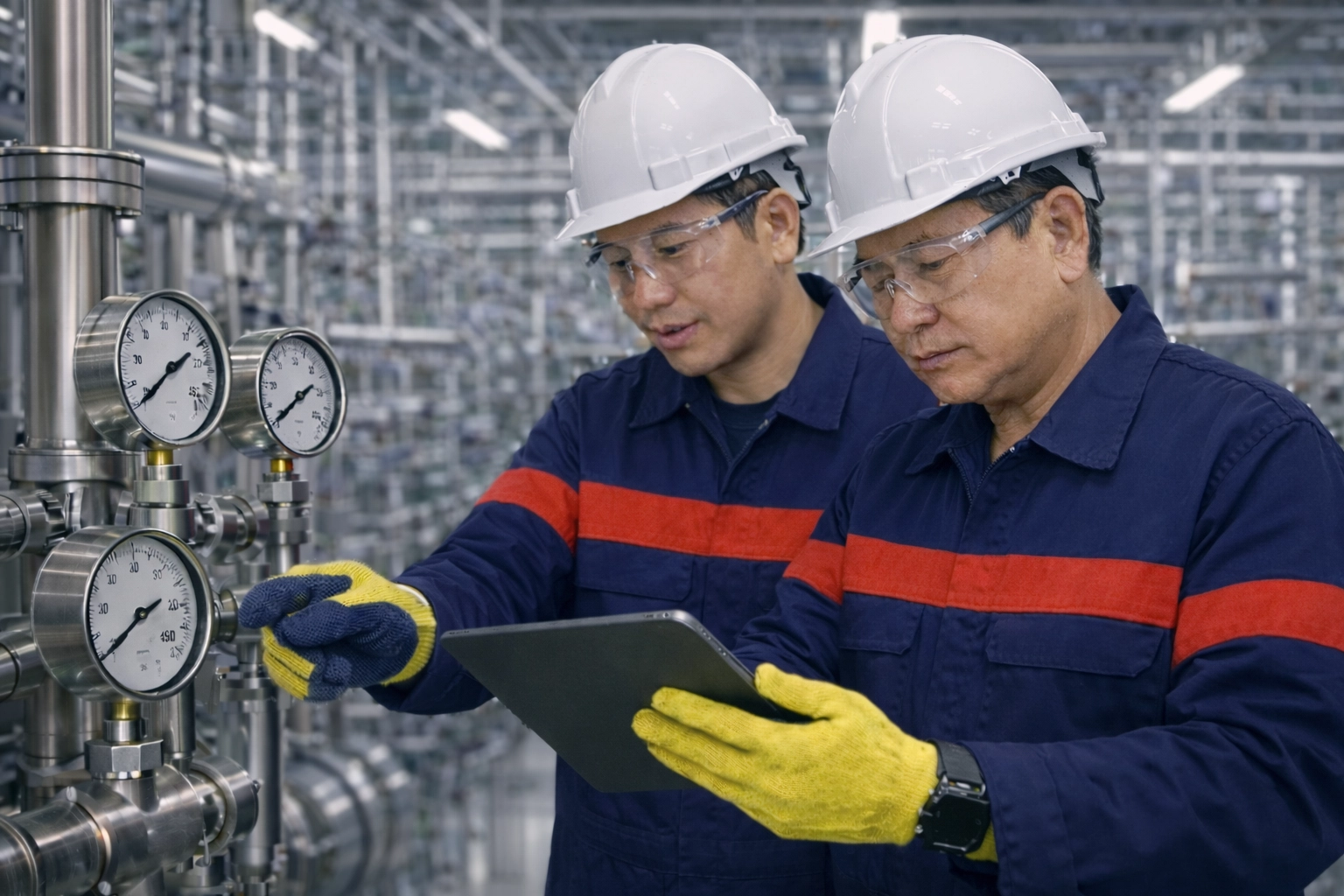 Singaporean engineer inspecting industrial pipes and gauges during equipment commissioning and testing.