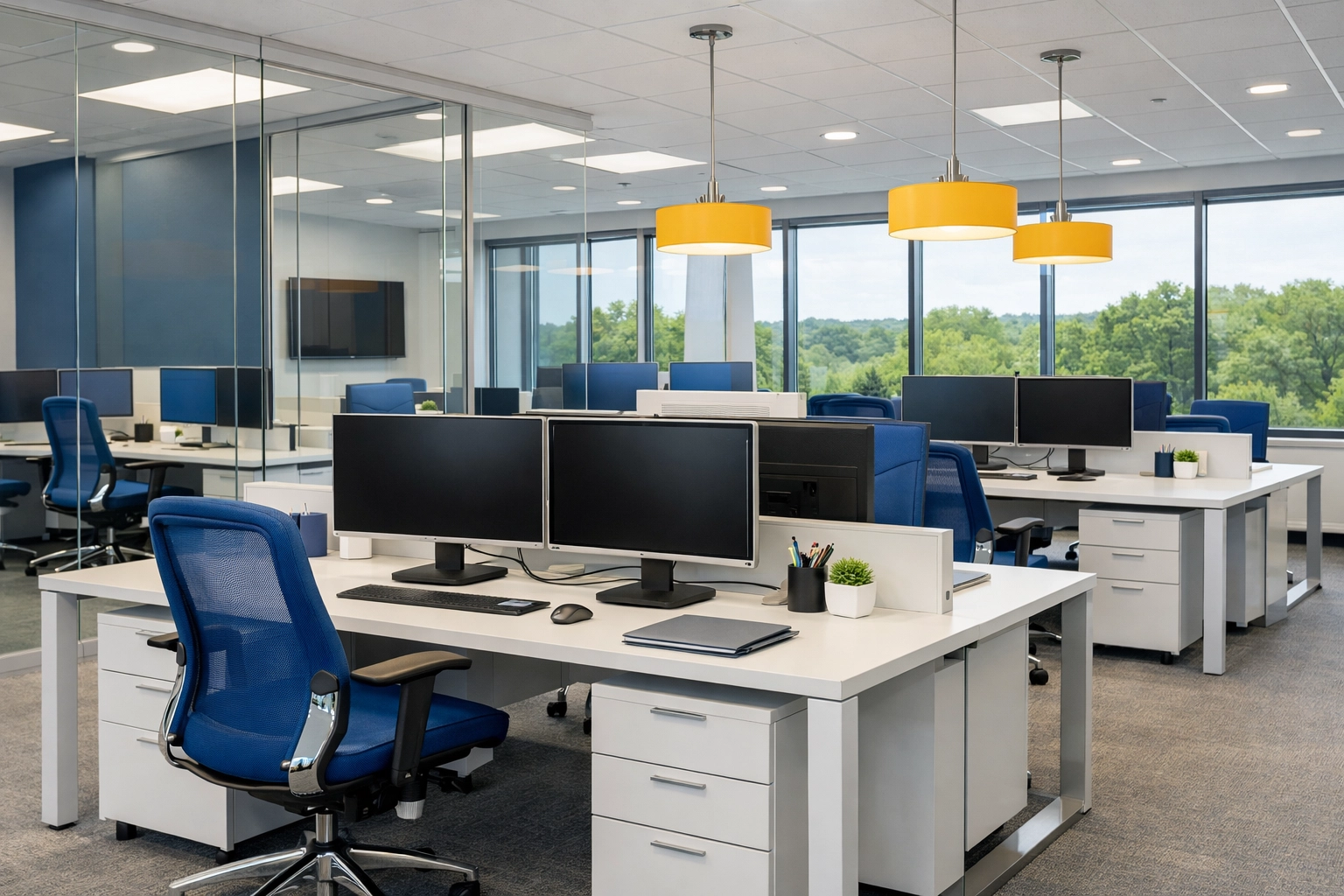 Sanitized and organized modern office space in Westford, showcasing professional commercial cleaning.