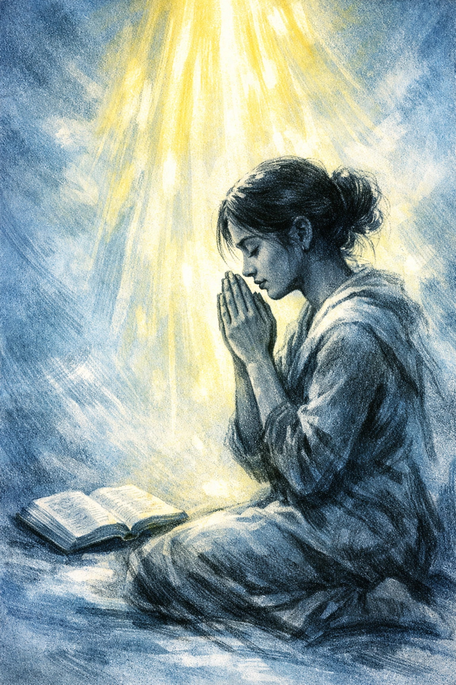 Person kneeling in prayer with open Bible, illuminated by Holy Spirit light from above