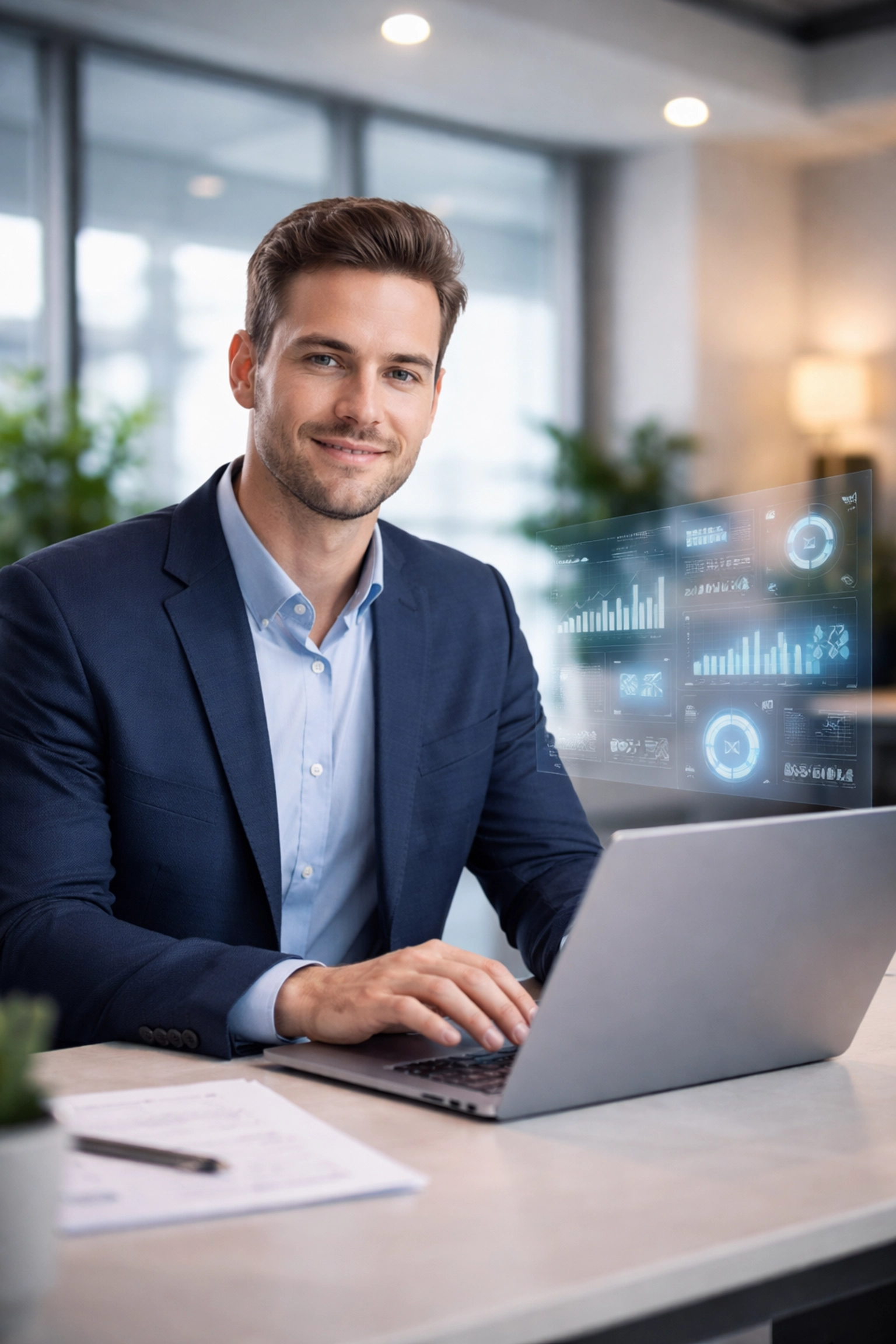 Business professional confidently using AI-powered software at a workstation, reflecting team adoption