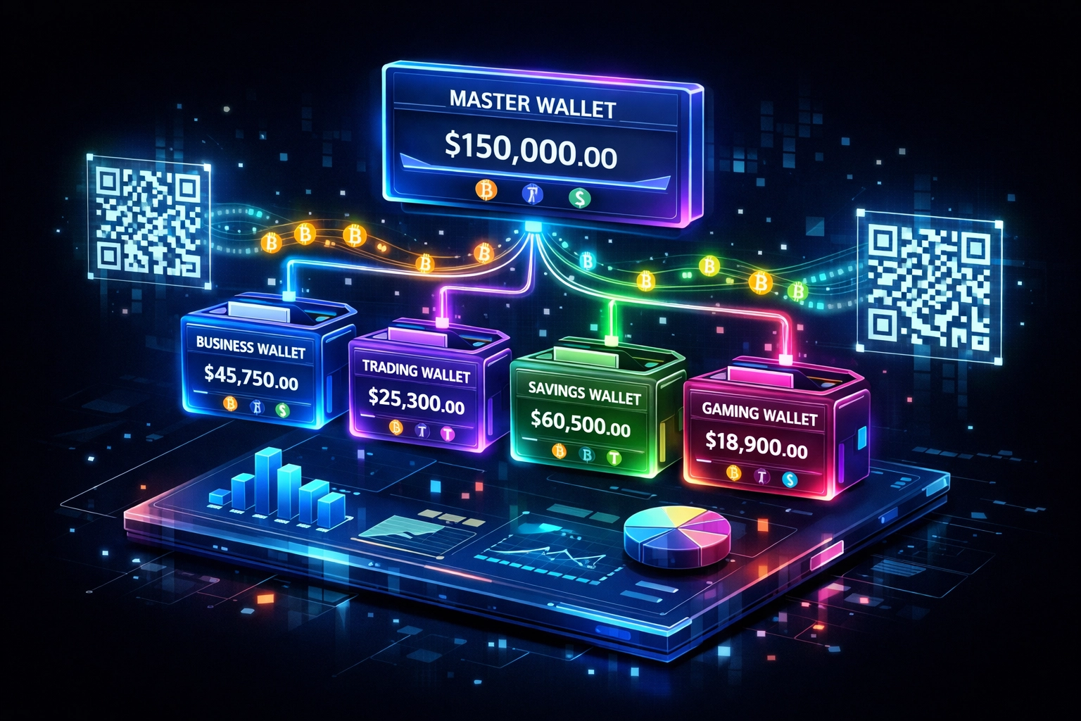Merchant dashboard with master wallet and sub-wallets for organizing crypto payments and QR code POS