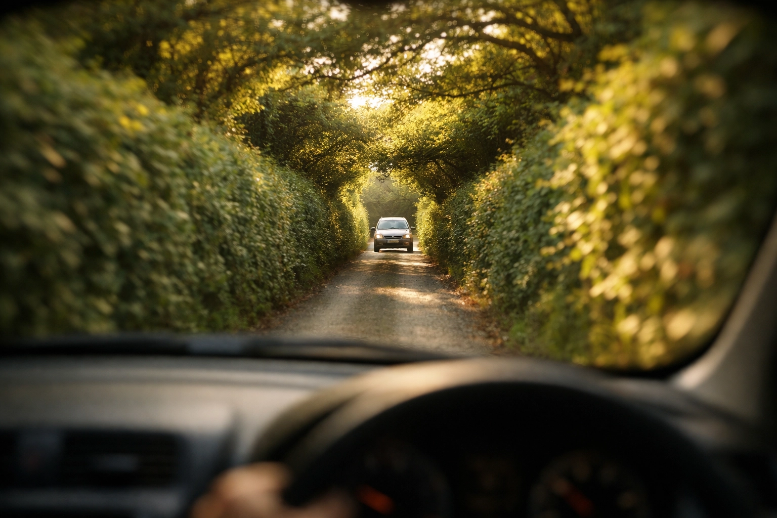 Narrow single-track Cornish country lane with hedgerows and oncoming car