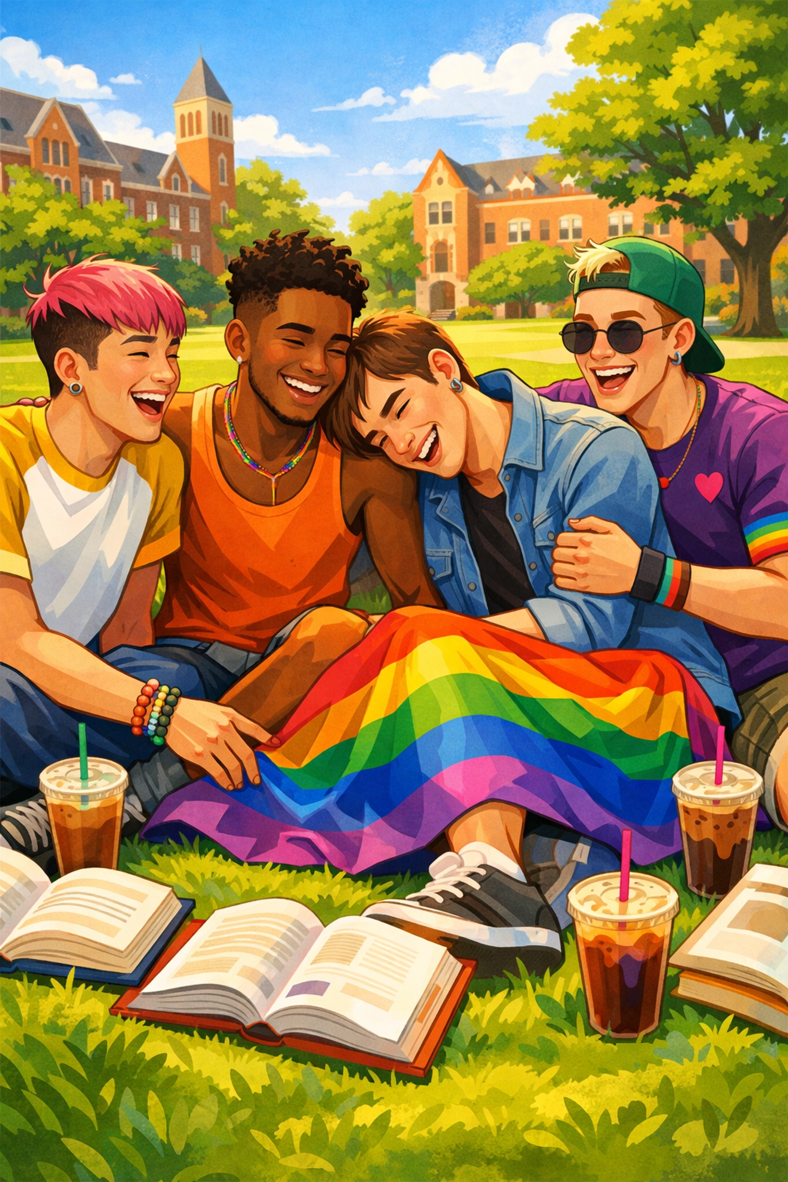 A diverse group of gay university students laughing on a campus lawn with a pride flag.