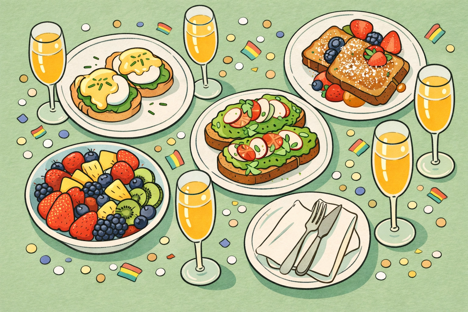 Elegant drag brunch spread with mimosas, eggs benedict, and gourmet dishes