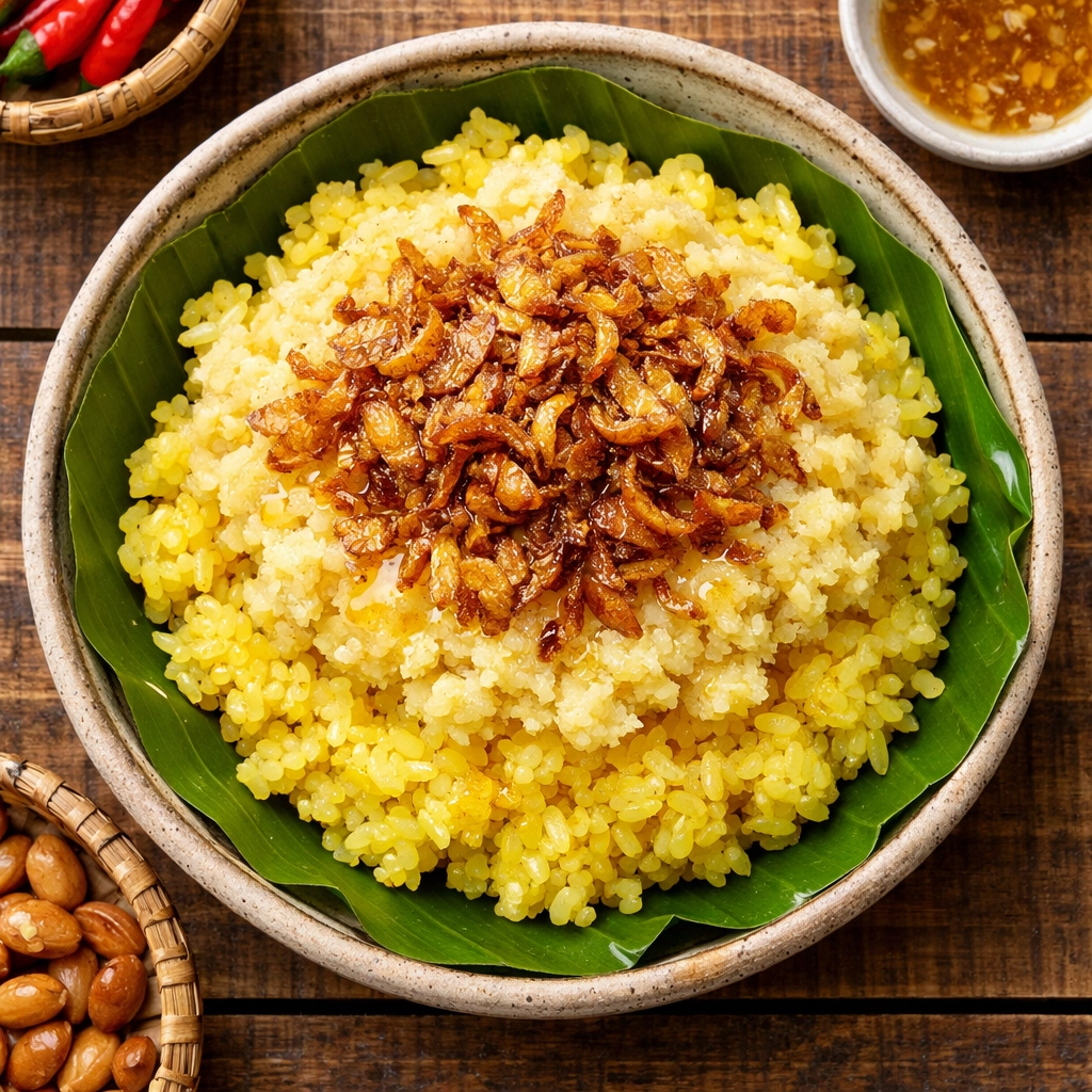 A bowl of Xoi Xeo yellow sticky rice topped with mung bean and fried shallots, a popular Hanoi cheap eat.
