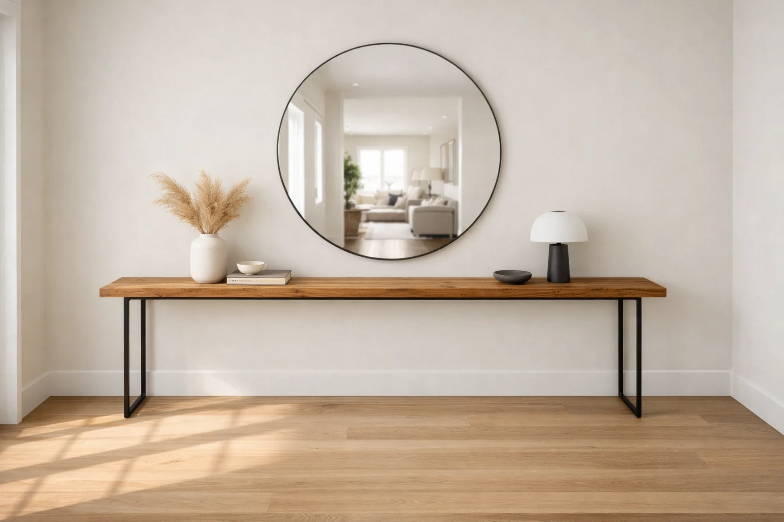 Long 63-inch rustic oak console table anchoring a minimalist entryway wall under a round mirror.