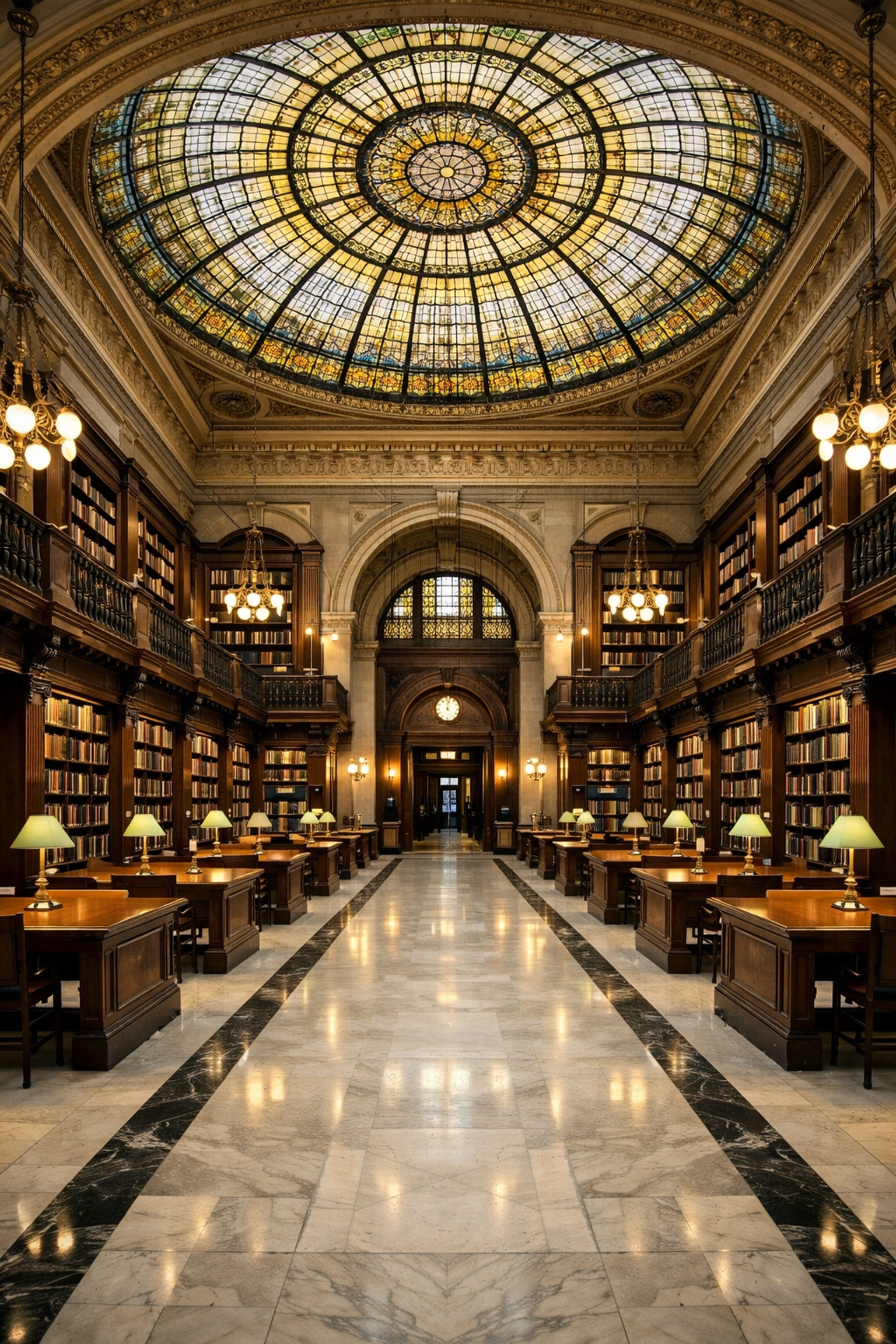 Historic library atrium with a stained-glass ceiling, a top indoor photography location for symmetrical shots.