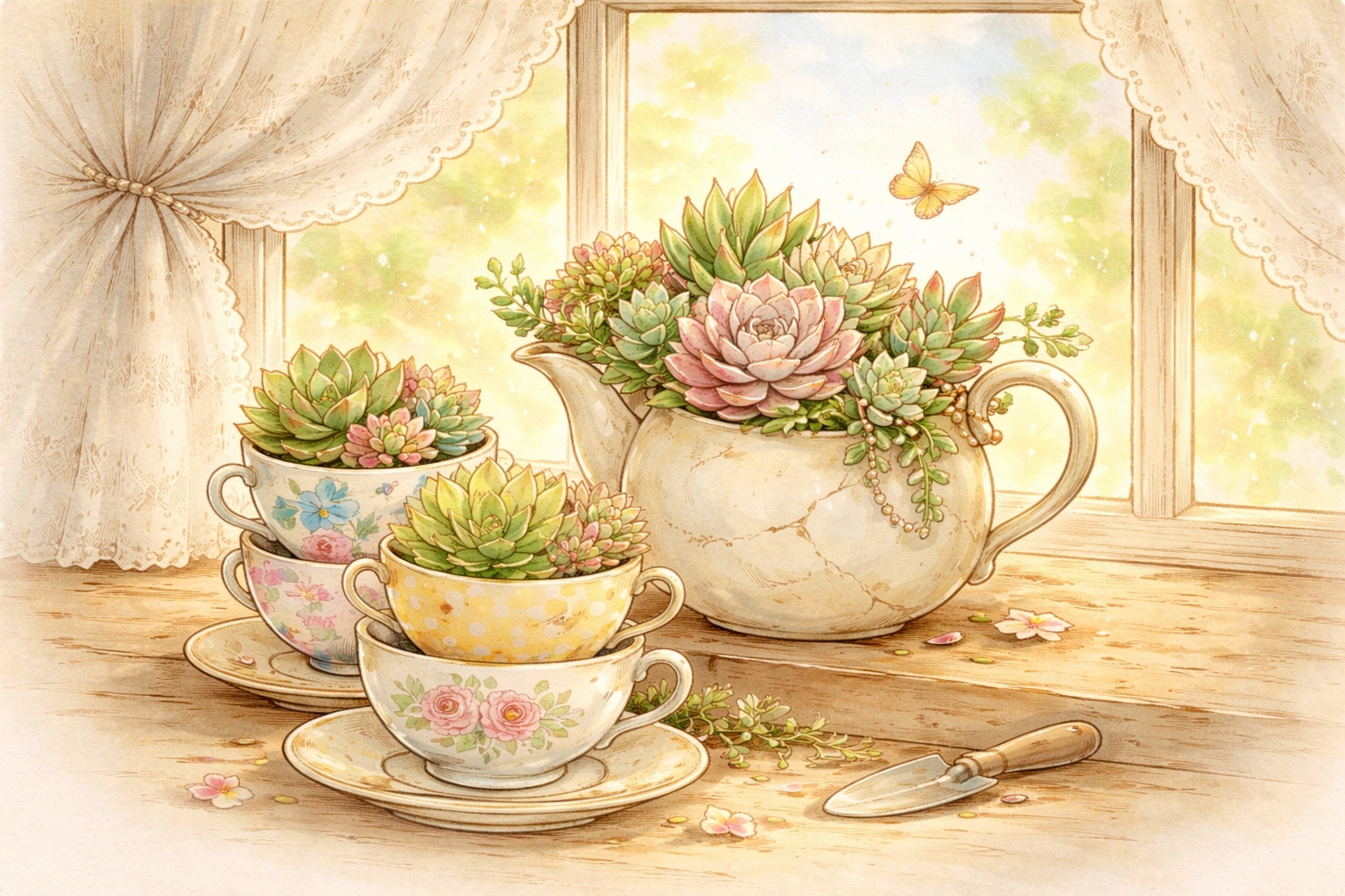 Retro teacups and a teapot filled with succulents on a sunny windowsill, showcasing garden upcycling ideas