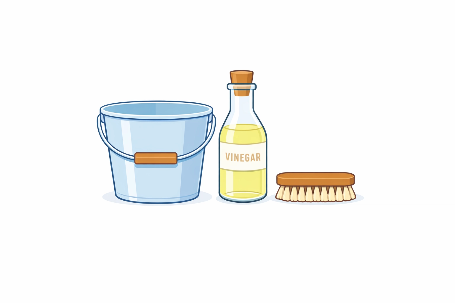 Illustration of eco-friendly deck cleaning supplies including vinegar and a scrub brush.