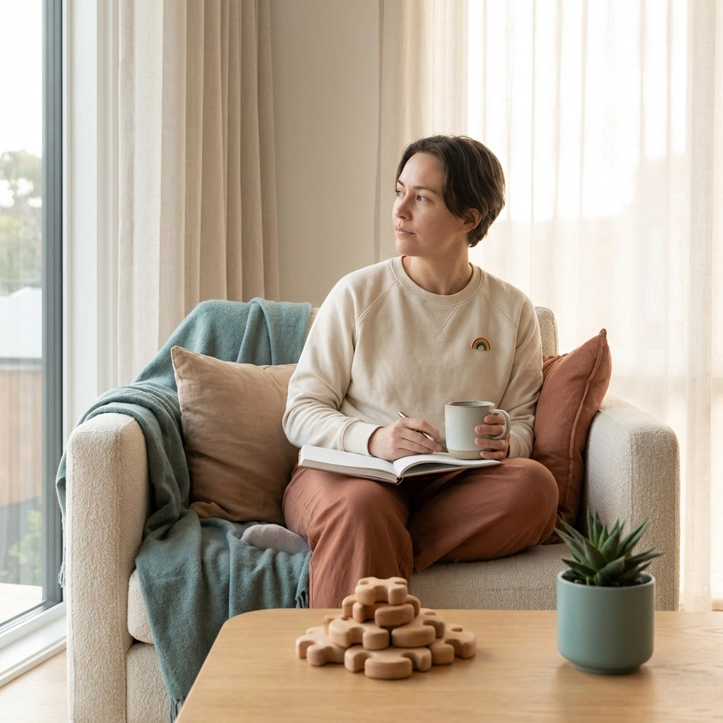 A symbolic, vibrant illustration representing the clarity of a late-in-life ADHD diagnosis for a queer adult, with lightbulbs and colorful cognitive patterns.
