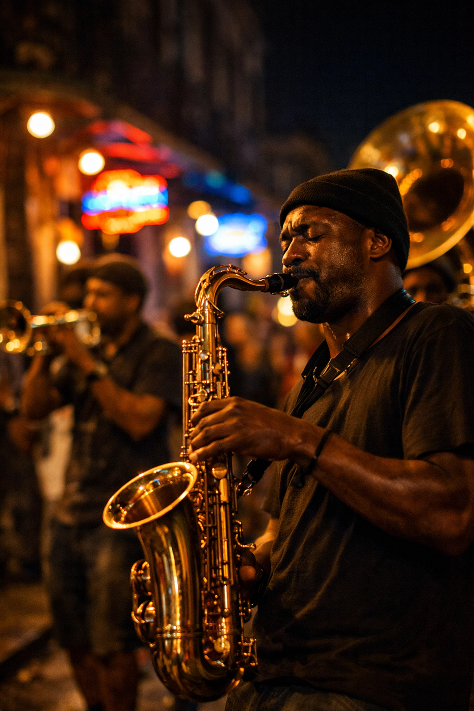 Brass band performing on Frenchmen Street, one of the best photography locations for candid jazz shots.