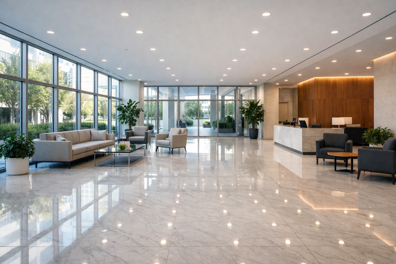 Clean modern commercial office lobby in NJ with polished floors and professional appearance