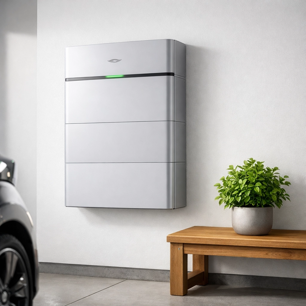 Sleek wall-mounted home battery storage system in a clean utility room for sustainable energy backup.
