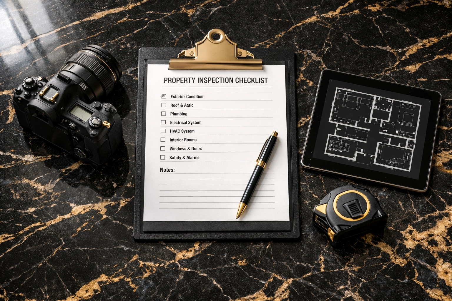 Professional property inventory inspection tools and camera on kitchen countertop