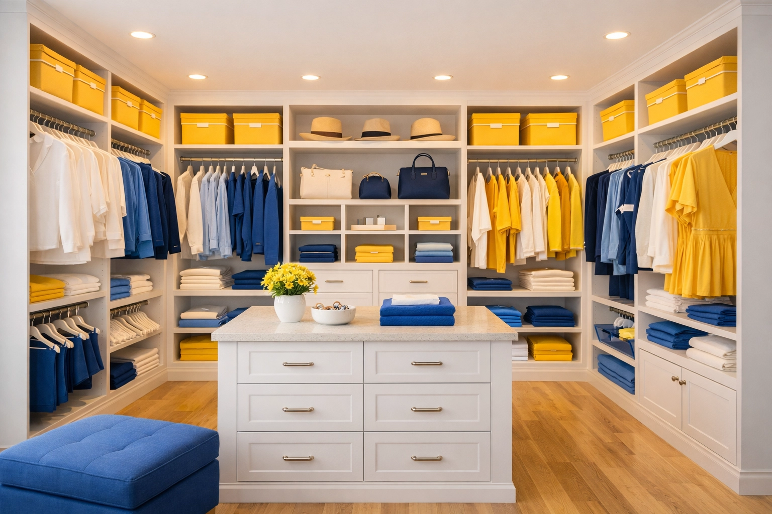 A clean and organized luxury walk-in closet with white shelving, promoting mental clarity and a stress-free morning.