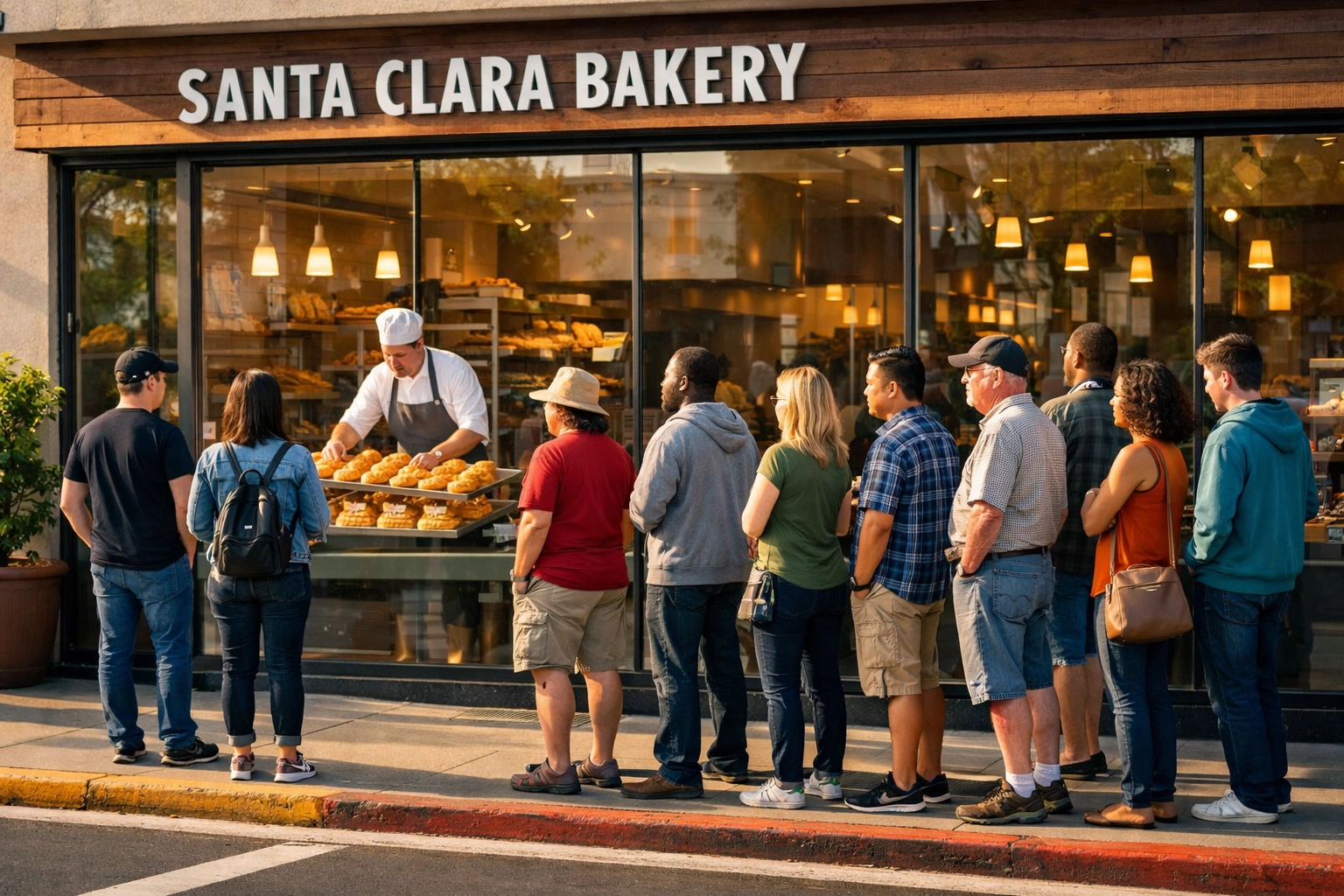 A crowd waiting outside an artisanal Santa Clara bakery for fresh salt bread during a busy morning.