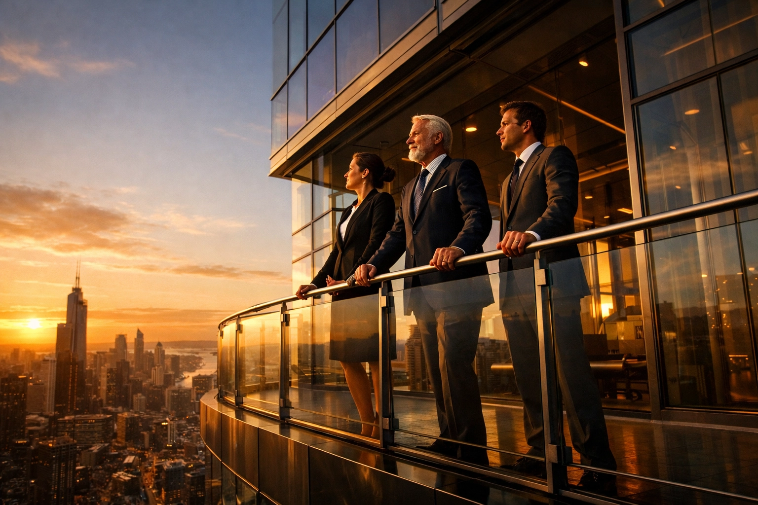 Business owner and executives overlooking a city, symbolizing a strategic exit strategy and long-term succession plan.