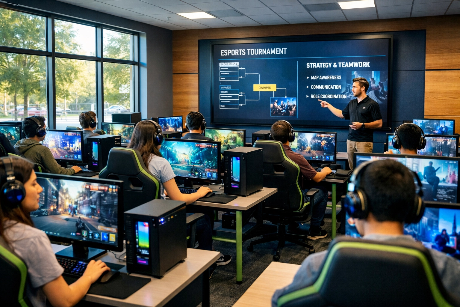 High school esports learning lab with students at professional gaming stations for educational training