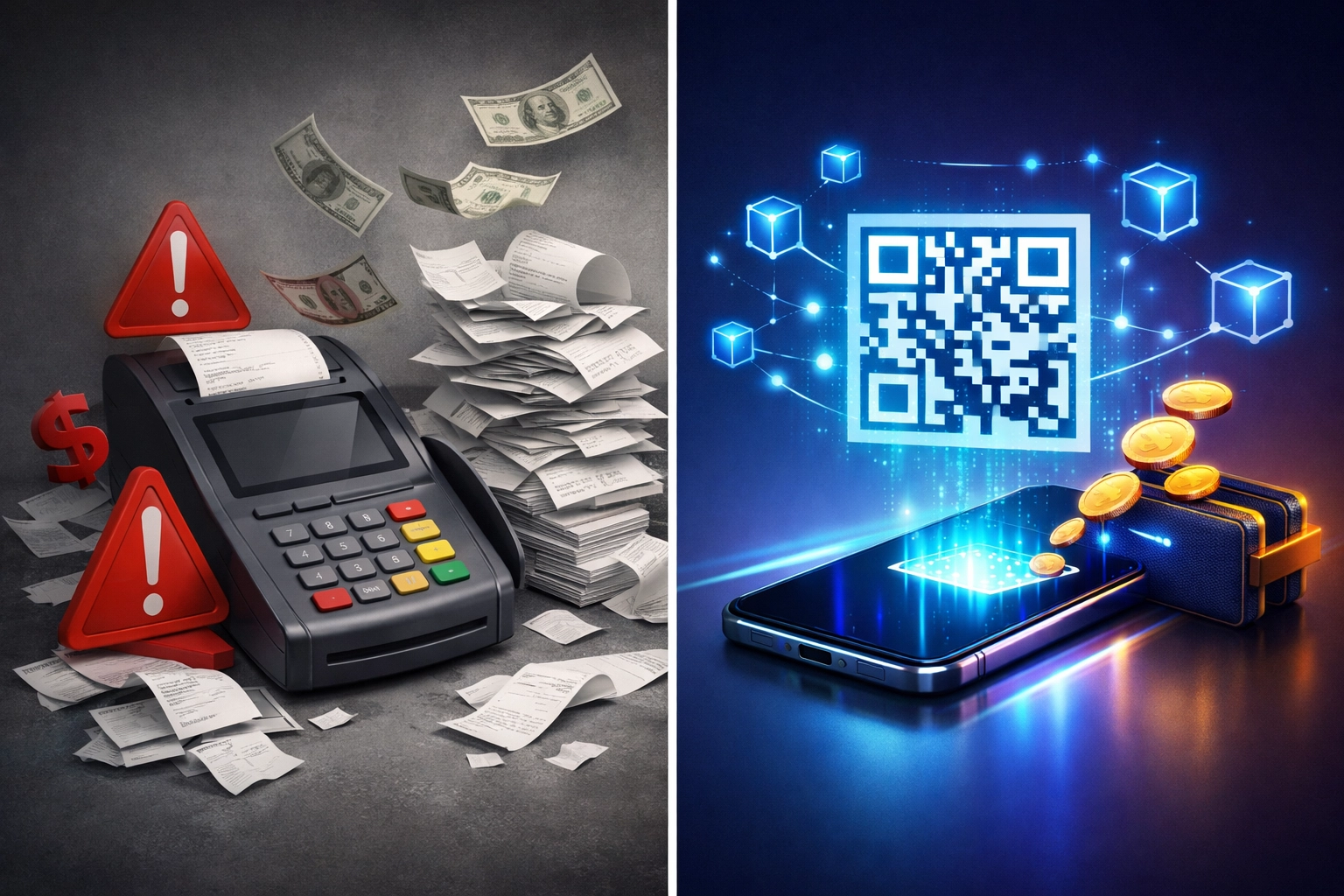 Traditional checkout vs crypto payments comparison showing fee reduction and blockchain efficiency