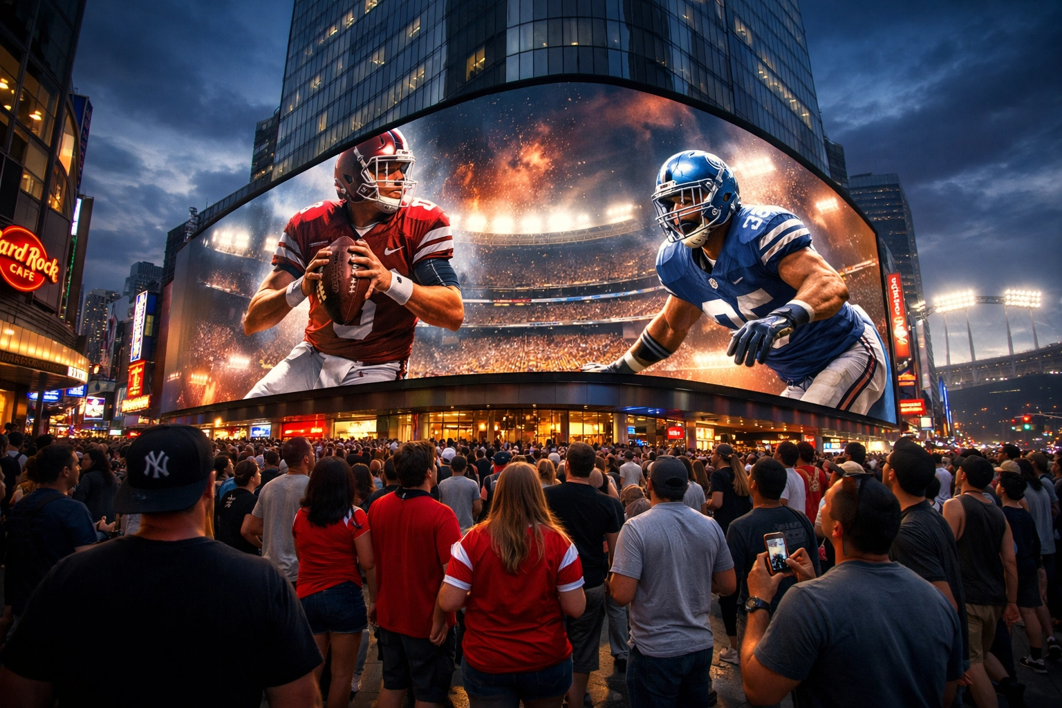 Massive digital billboard in a city entertainment district showing high-impact OOH advertising for the Big Game.