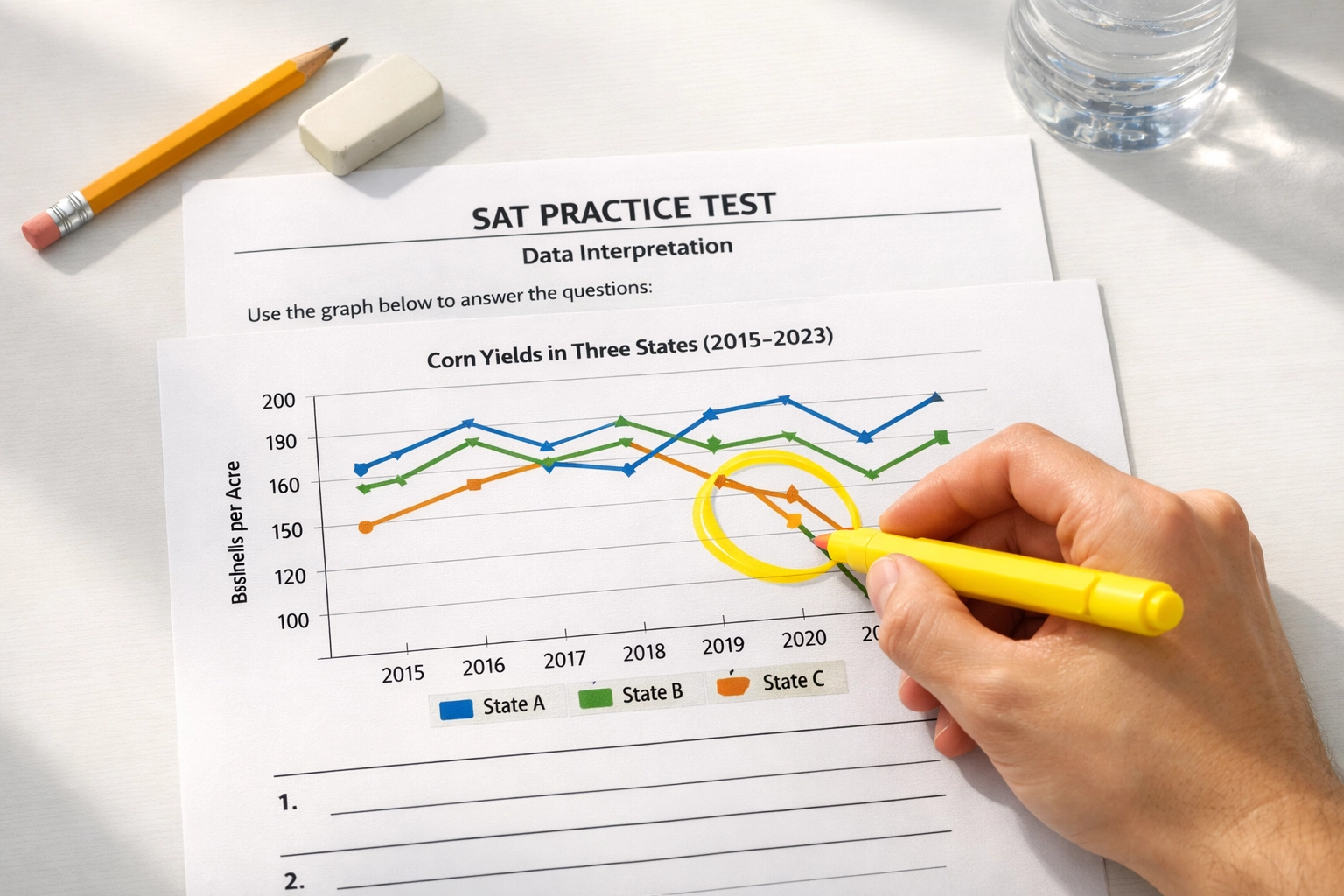 Student highlighting declining trend on SAT line graph practice question