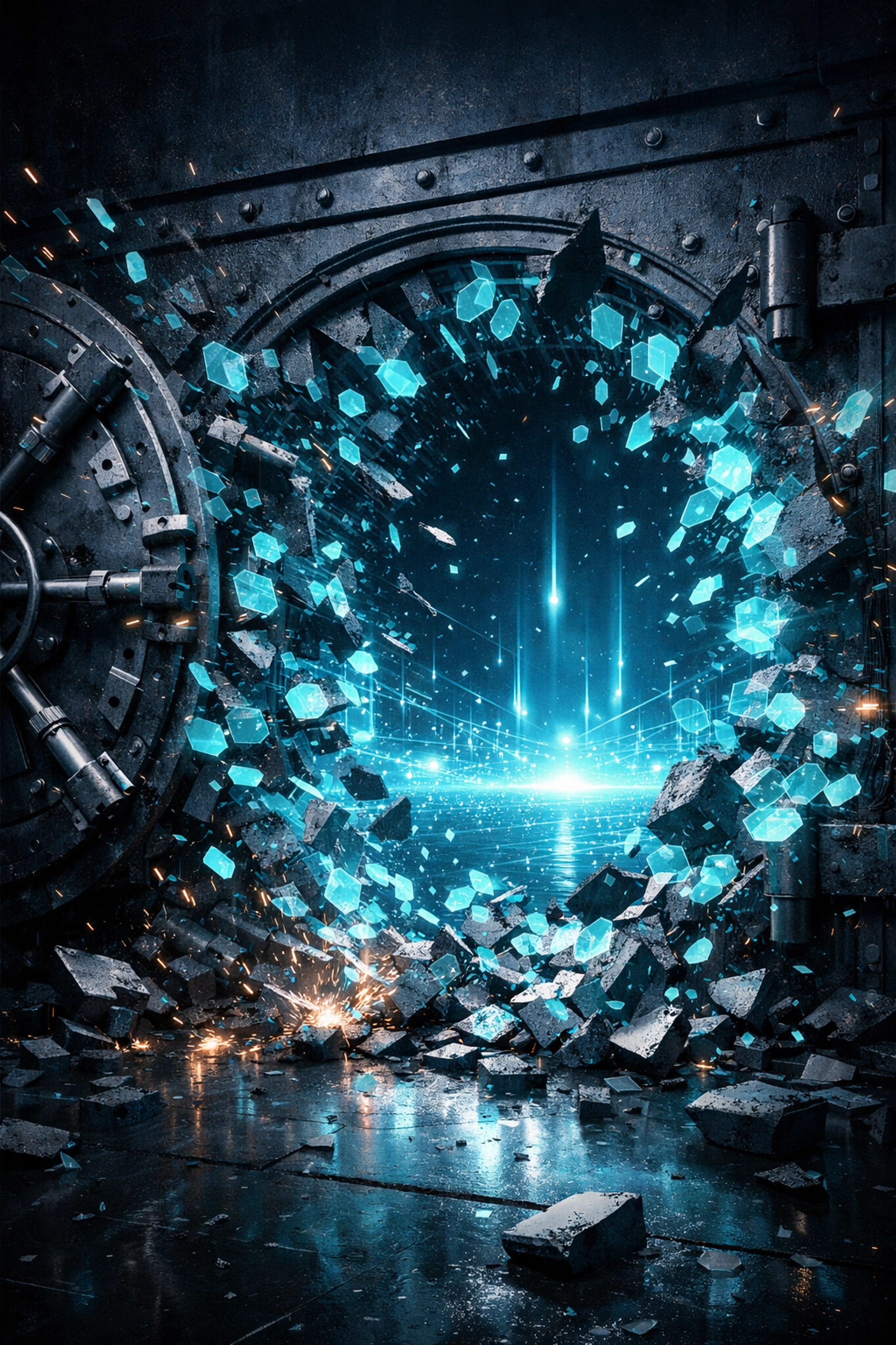 Bank vault door shattering into digital data representing a shift to self-custody merchant accounts.