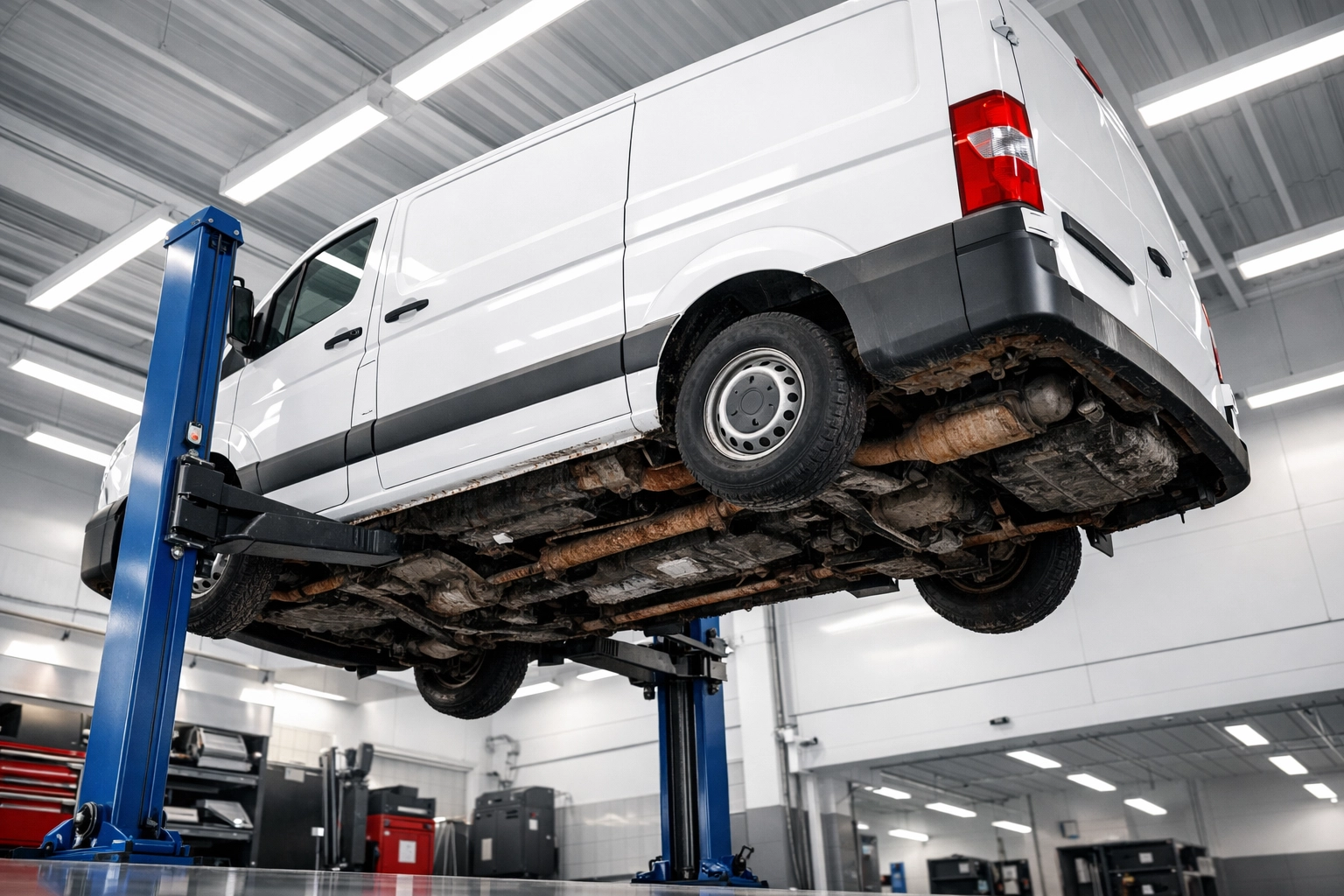 White van on a workshop lift revealing hidden rust and grime on the vehicle's undercarriage.