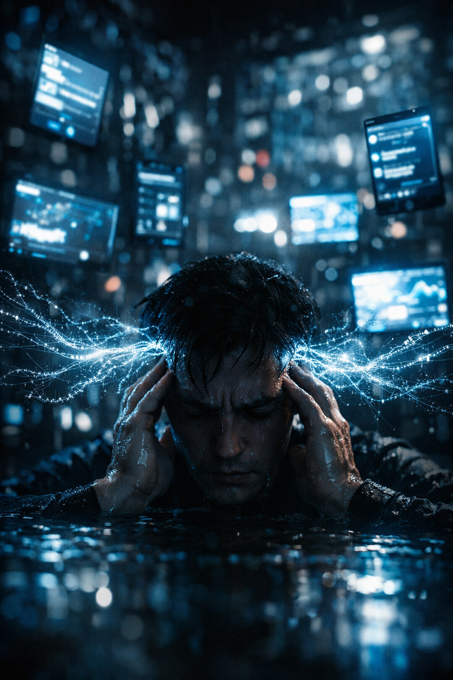 A person overwhelmed by glowing blue light from multiple digital screens, illustrating digital burnout.