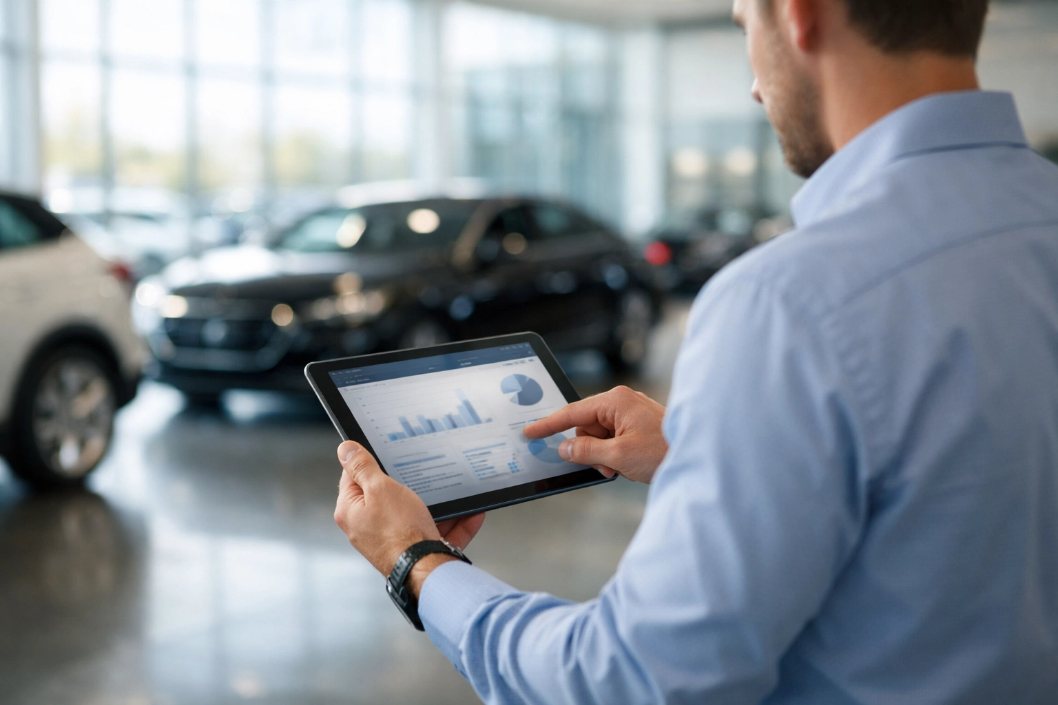 A marketing manager at a car dealership tracking digital ad performance and PPC campaigns on a tablet.