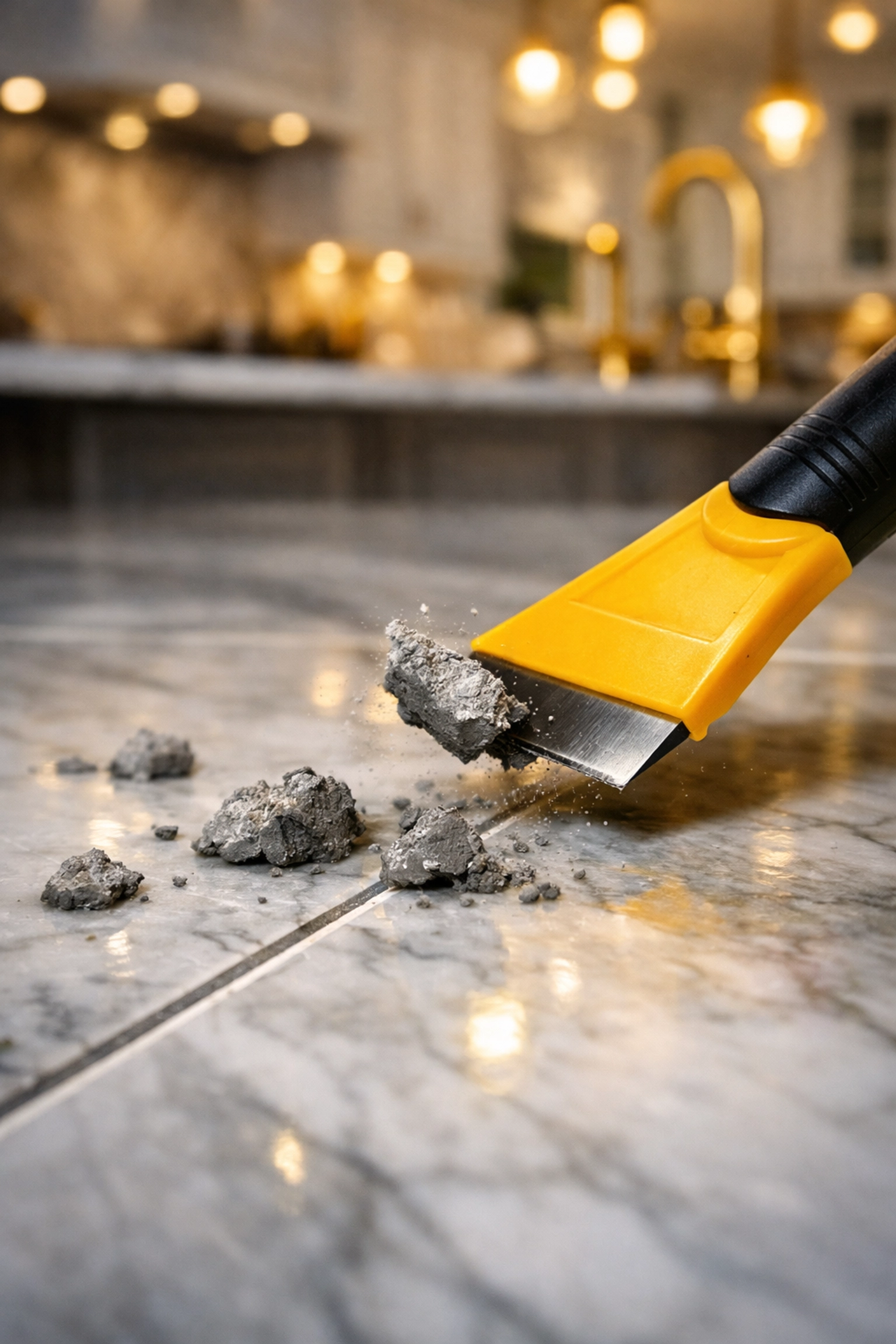 Using a plastic scraper to safely remove hardened mortar residue from a porcelain floor.