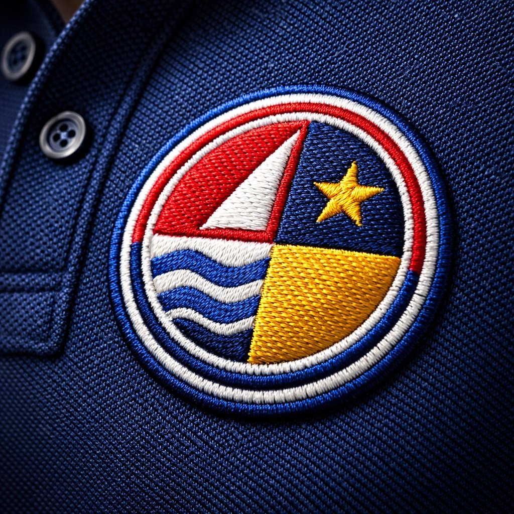 Close-up of high-quality custom embroidered logo on a professional navy blue polo shirt.
