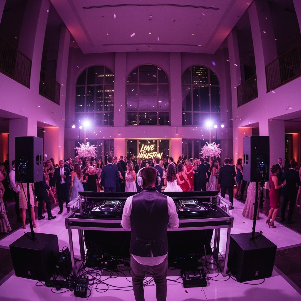 DJ with headphones plays music at a lively indoor party with dancing couples. "Love Houston" sign glows in pink lighting backdrop.