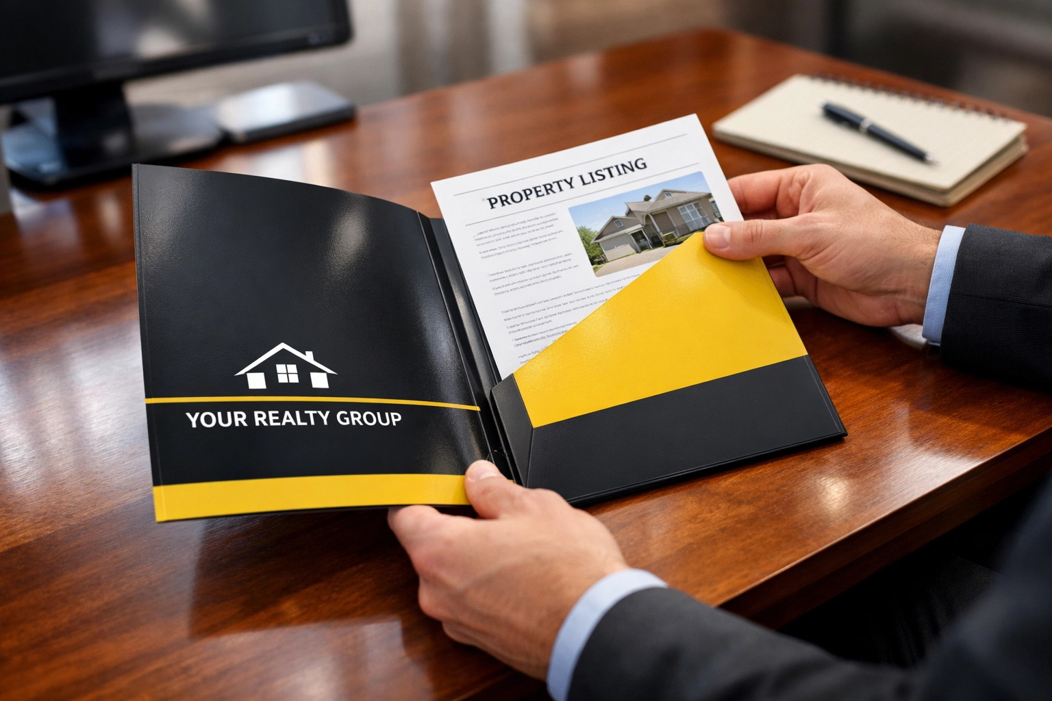 Agent organizing documents in custom-branded real estate presentation folder at desk