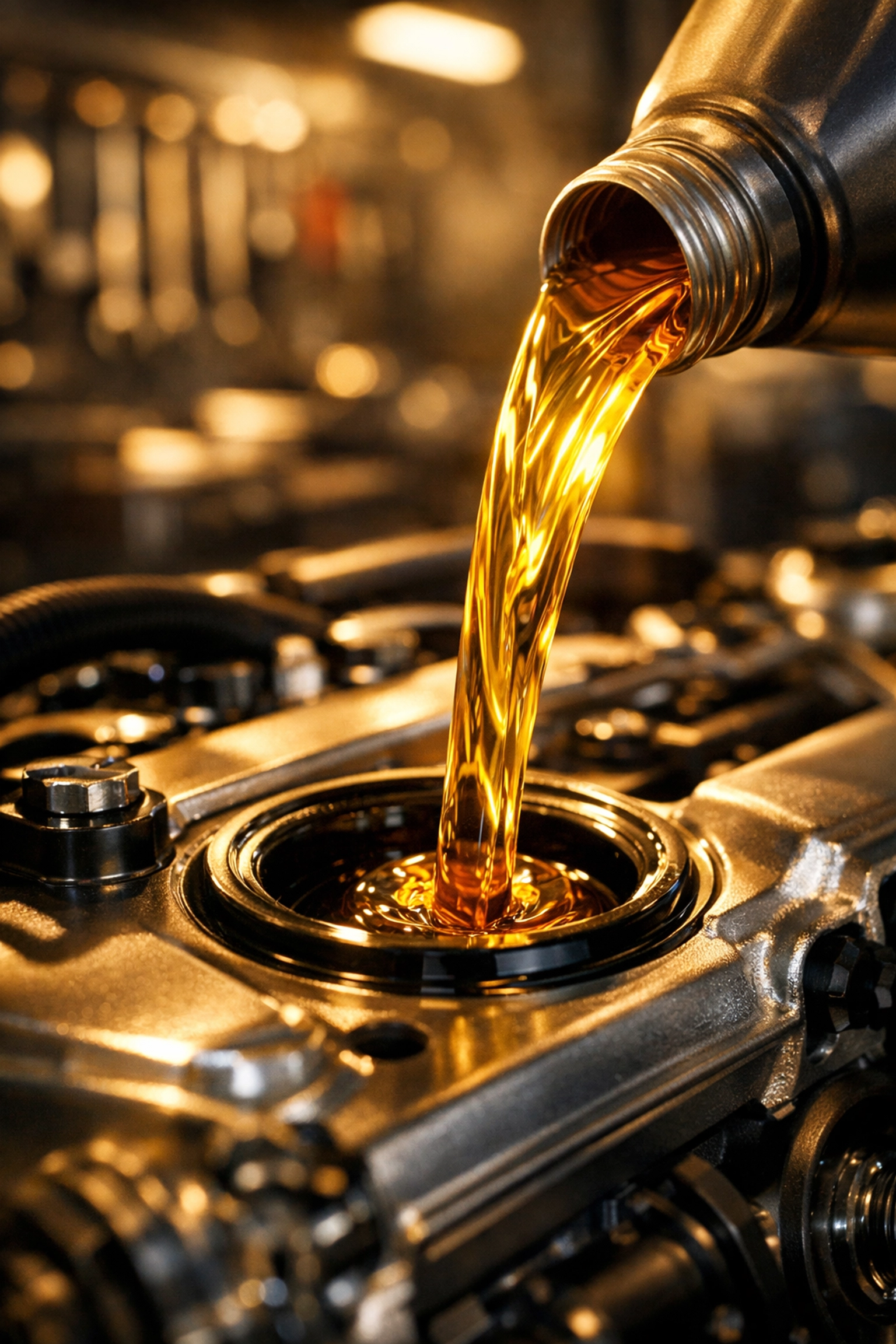 Fresh engine oil being poured into a clean motor during a fleet maintenance service at Pittstop Auto Care.