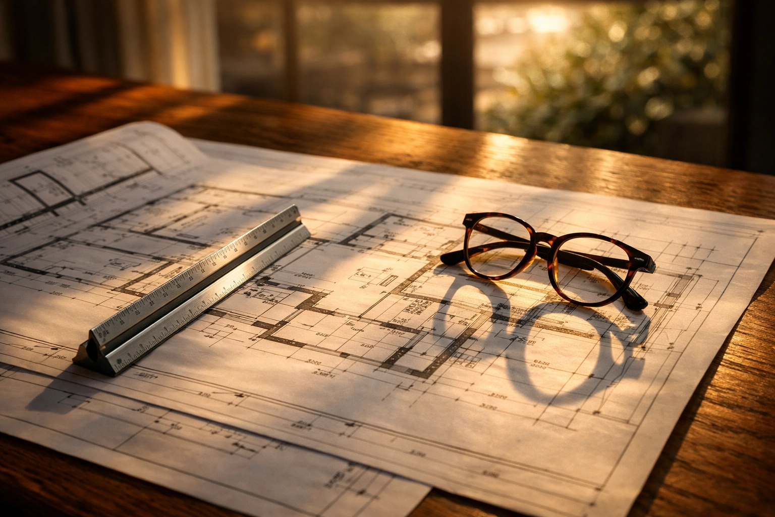 Architectural blueprints and planning tools for a West Sussex home renovation consultation.