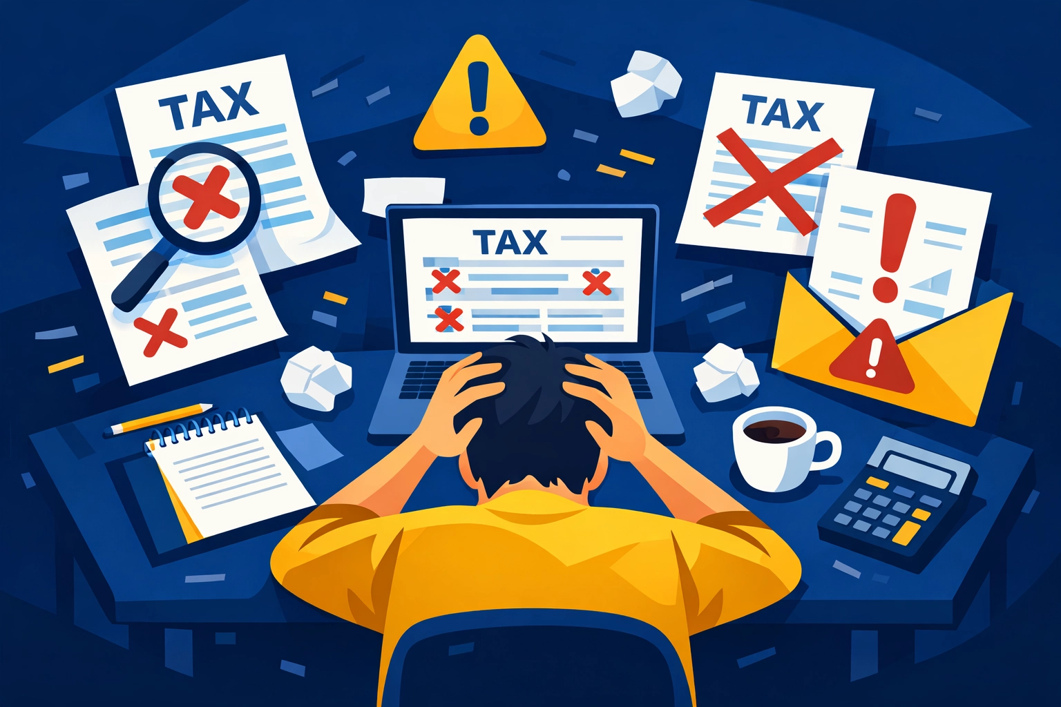 Taxpayer surrounded by tax forms with errors and warning symbols on documents