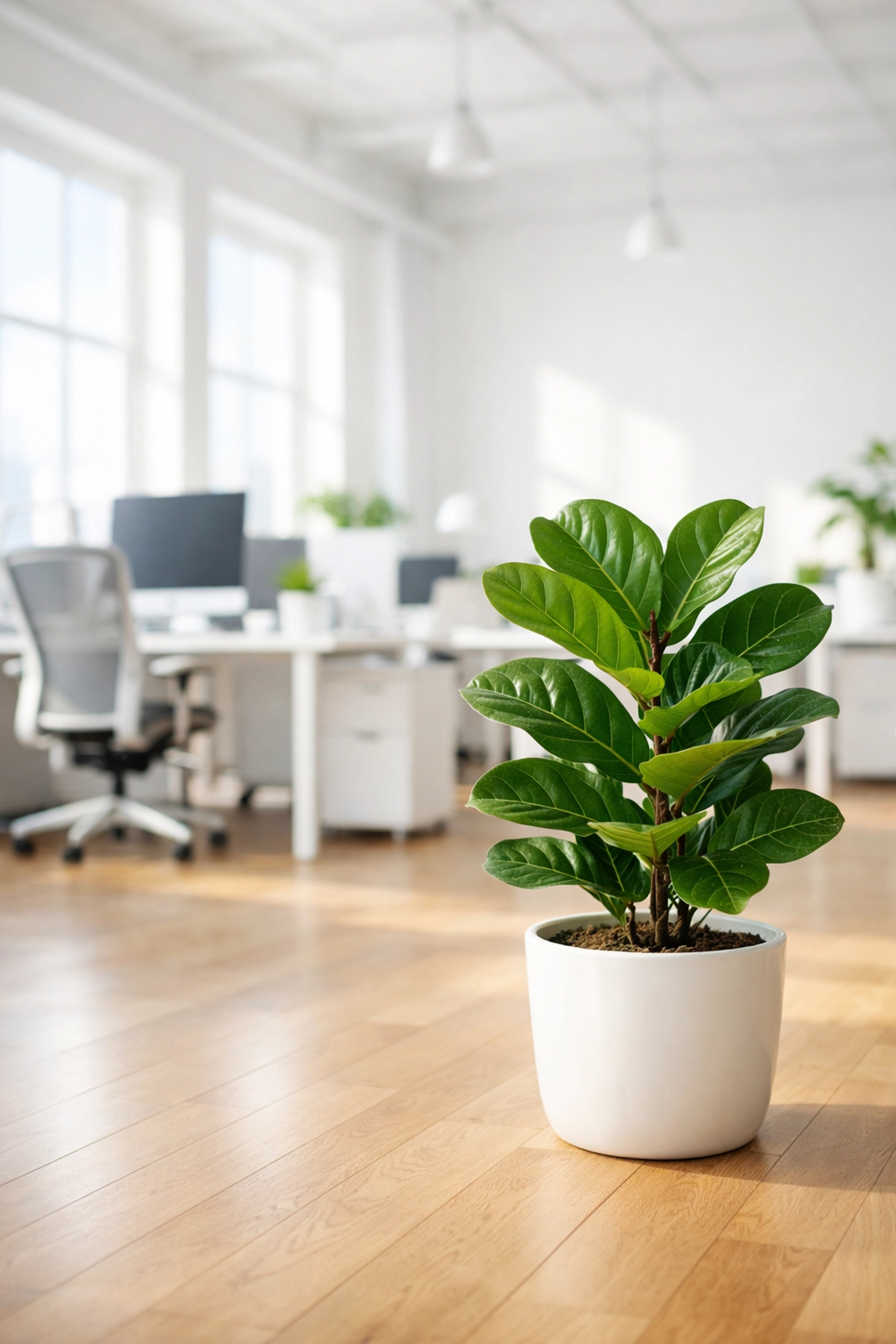 A bright, modern office with clean air and dust-free surfaces for improved employee health and productivity.