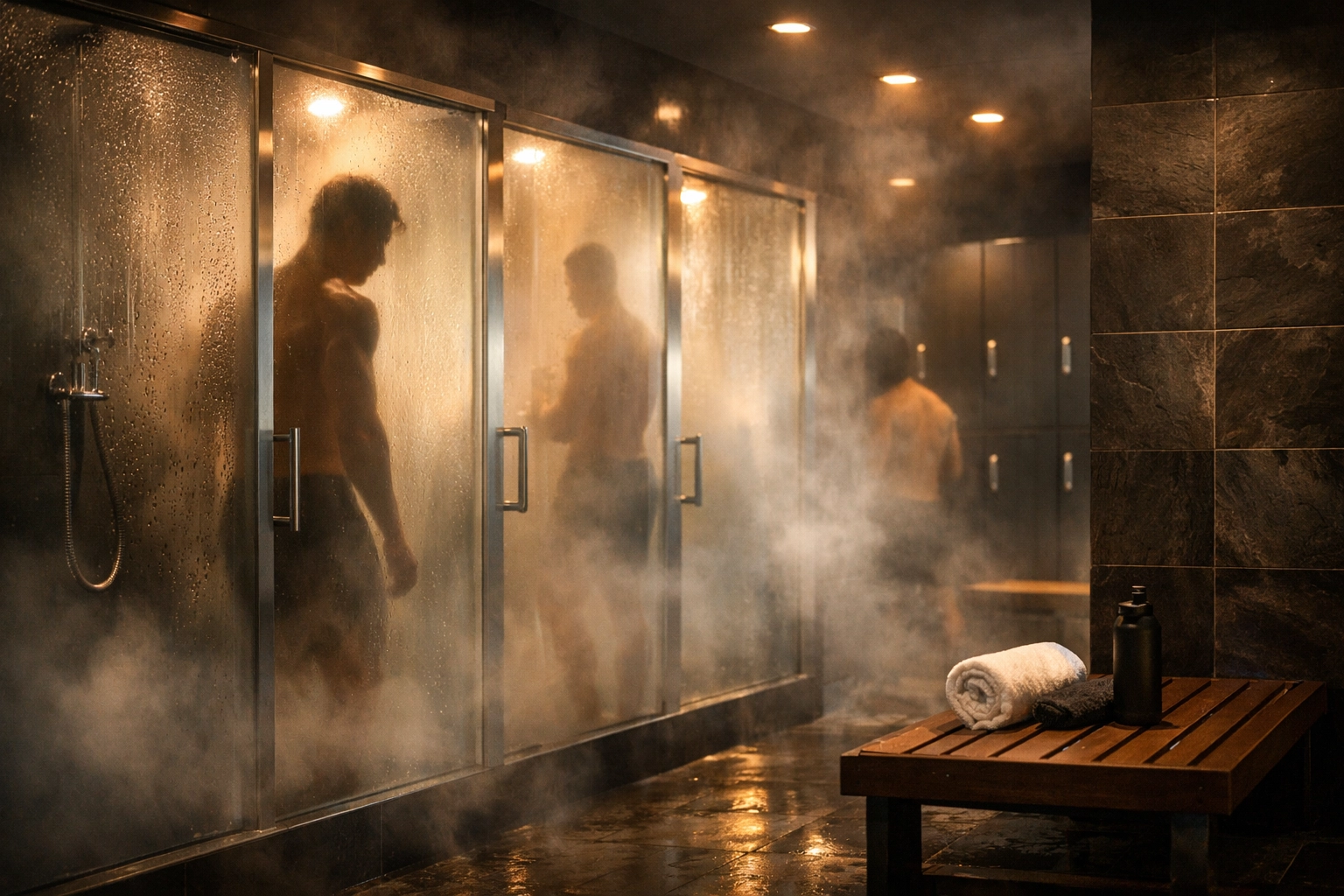 Steamy upscale gym locker room with men showering in communal space