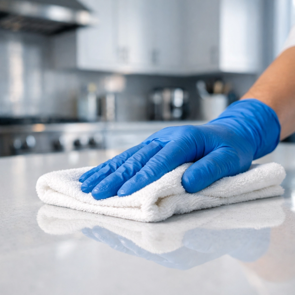 Professional cleaners Leominster MA wiping a kitchen countertop with a microfiber cloth.