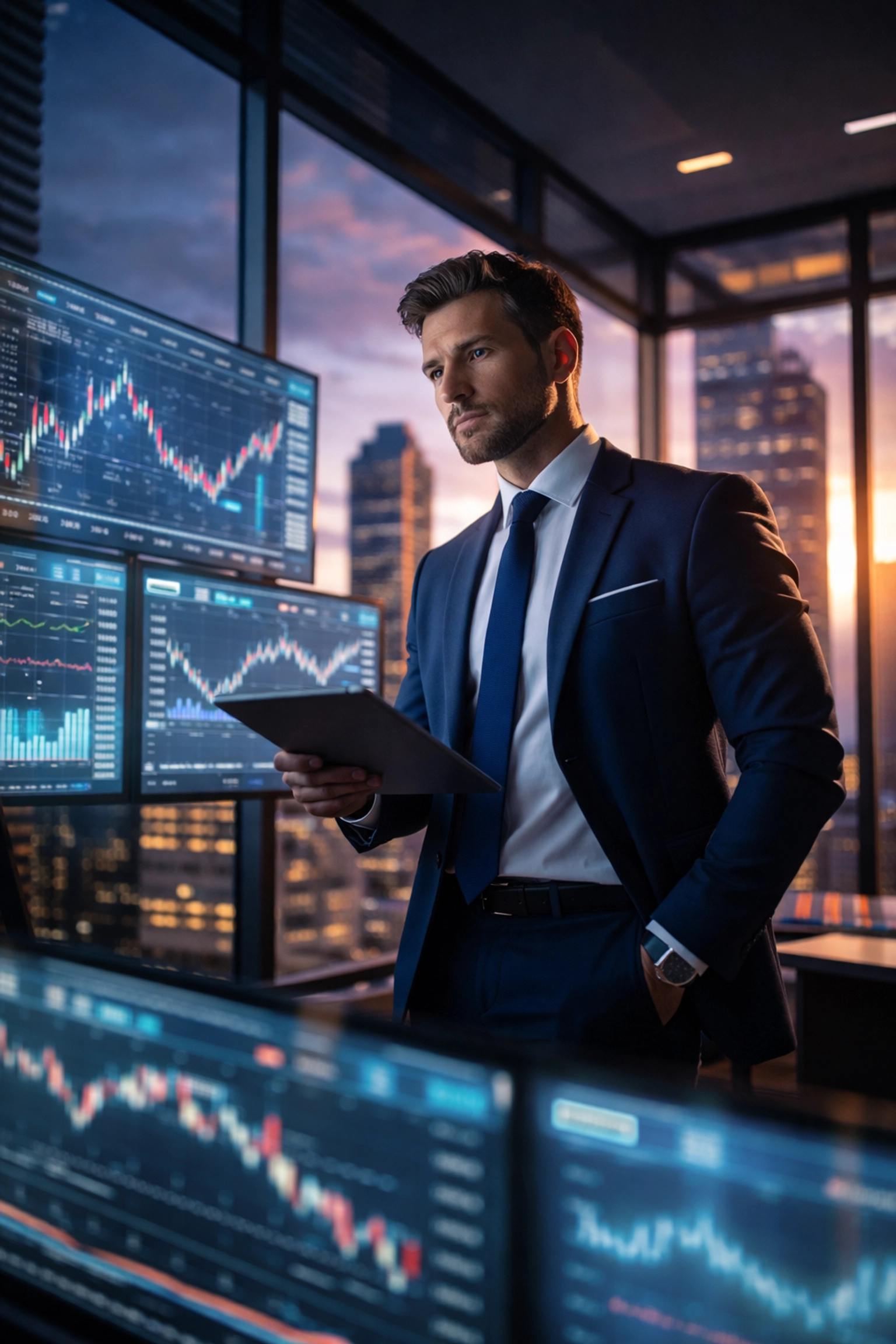 Fund manager analyzing market data in a glass office, showcasing expertise required for hedge fund strategies.