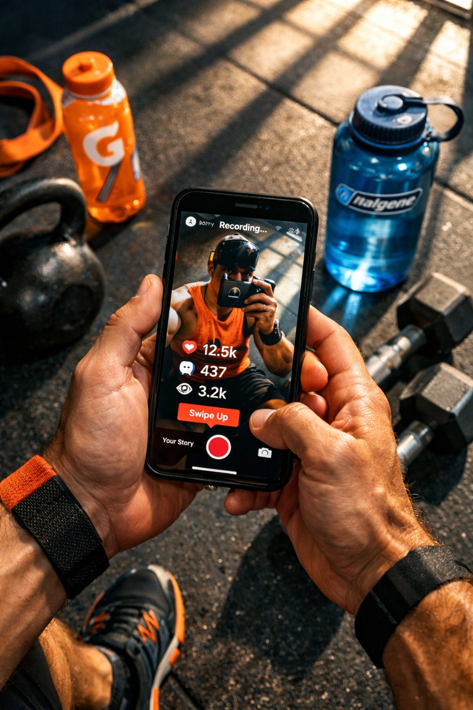 Athlete creating Instagram story content in gym for brand ambassador partnership