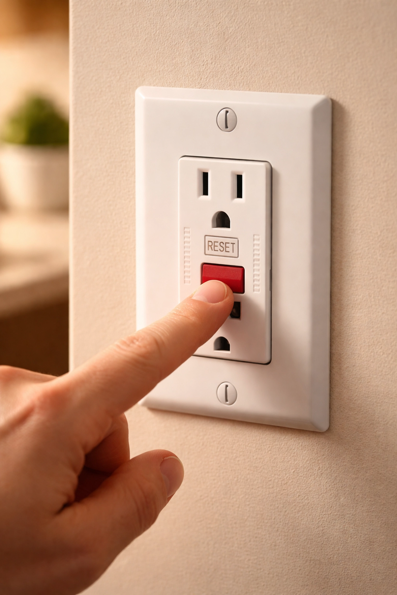 Hand pressing the reset button on a white GFCI outlet, illustrating proper steps to fix a GFCI outlet not working.