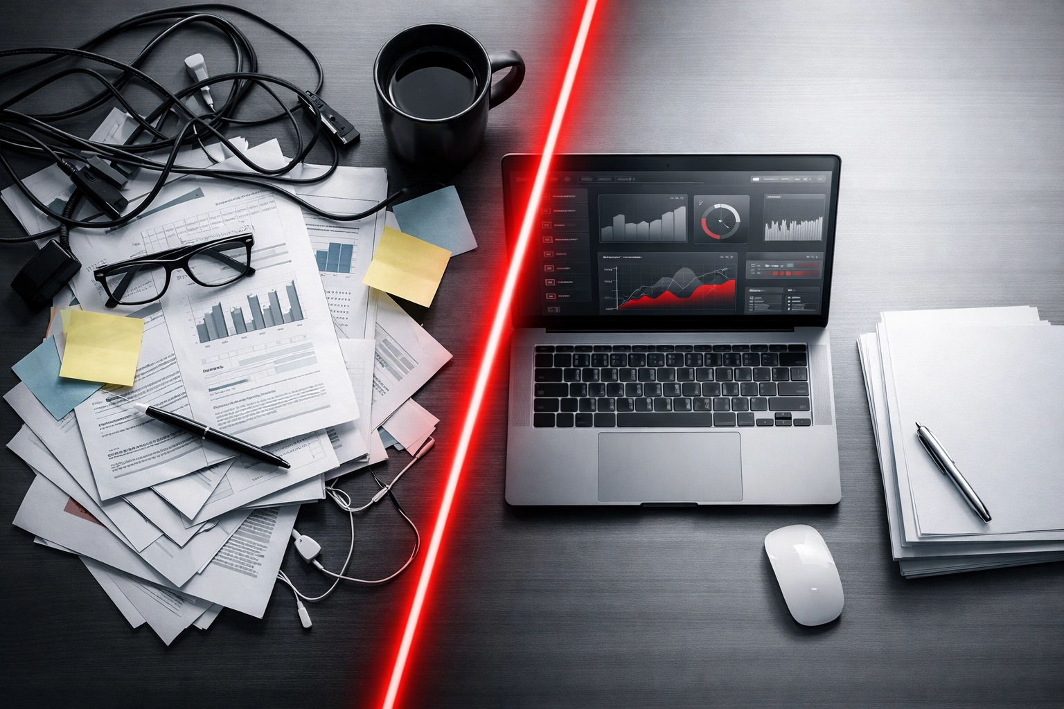 Visual contrast between traditional manual SEO work and modern conversion-focused AI SEO optimization strategy.