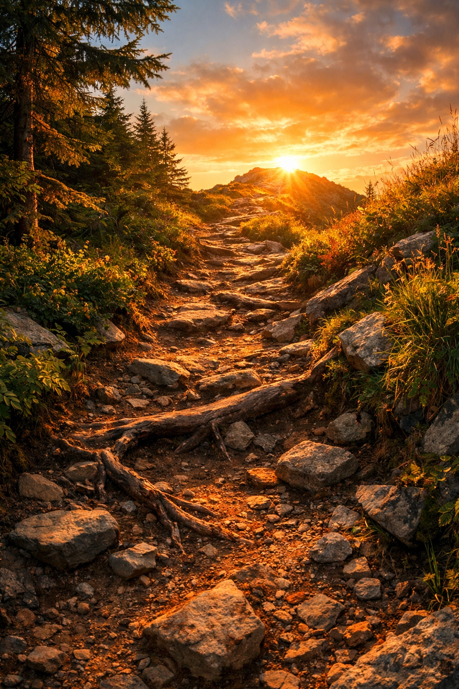 A winding mountain path at sunset, representing the step-by-step progress and journey of spiritual redemption.