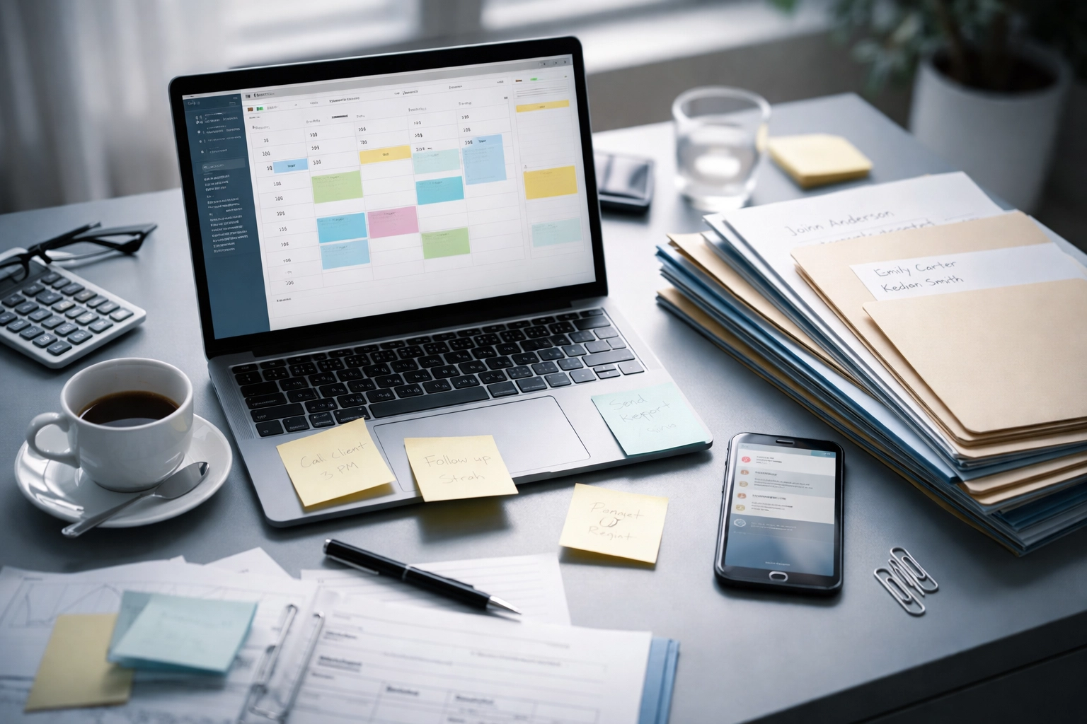 Financial advisor desk with open calendar, client folders, and admin paperwork showing hidden workload.