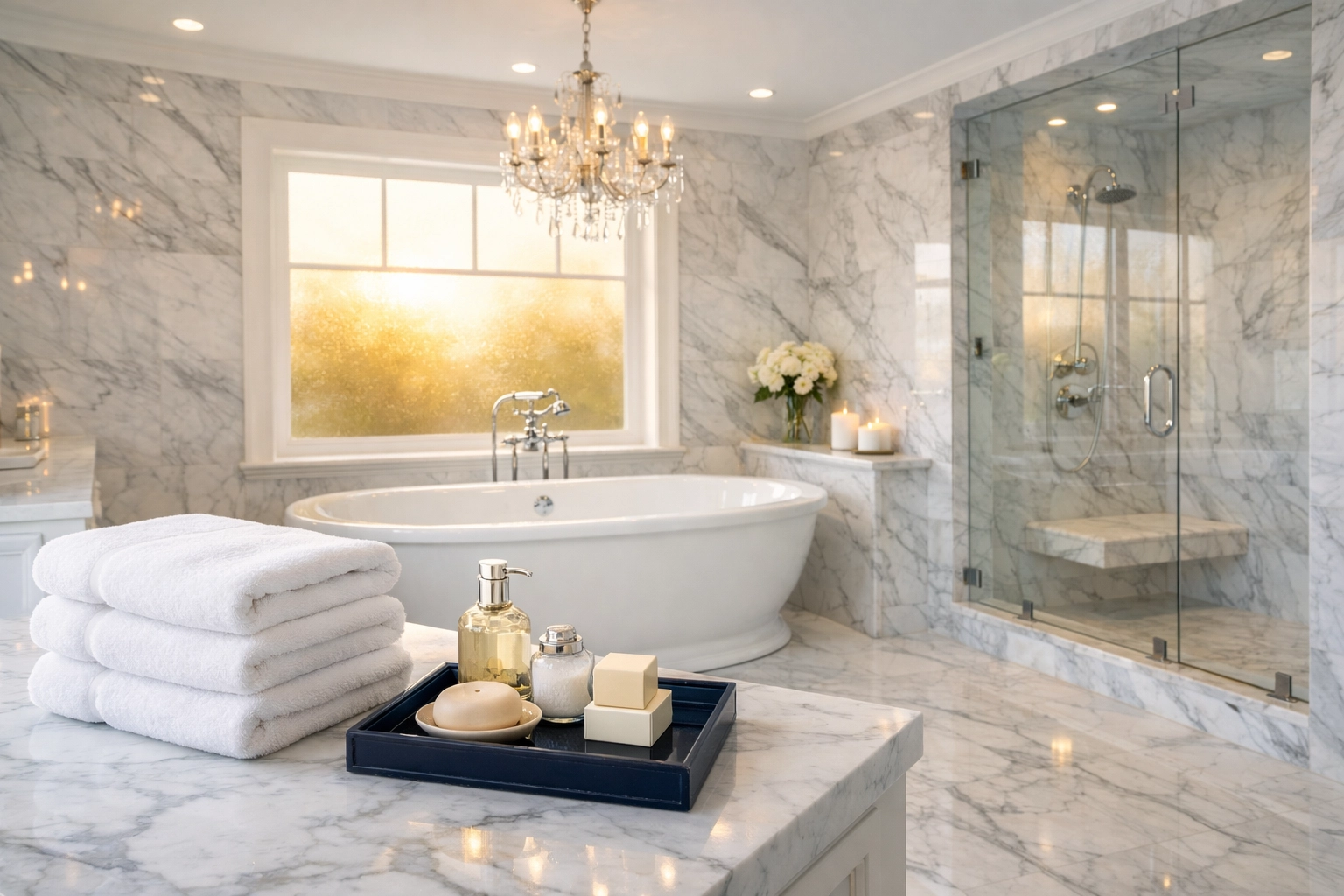 A pristine marble bathroom in Duxbury following a professional luxury house cleaning session.