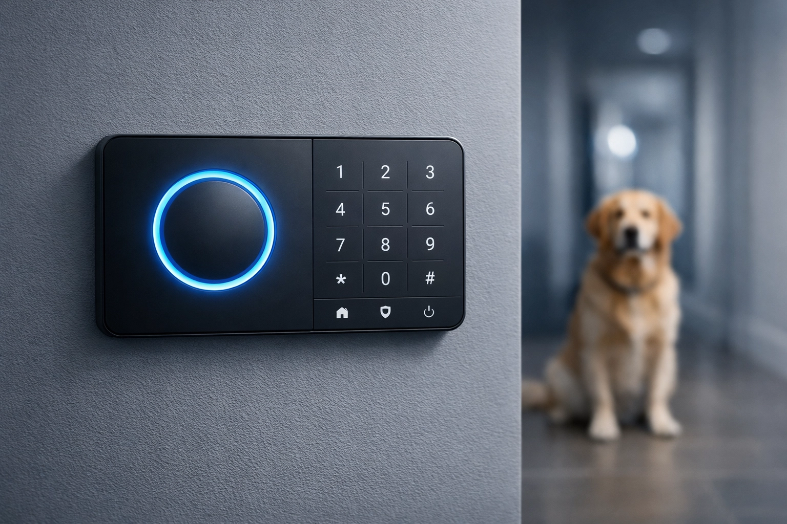 A modern smart intruder alarm keypad with pet-friendly sensors installed in a Slough home.