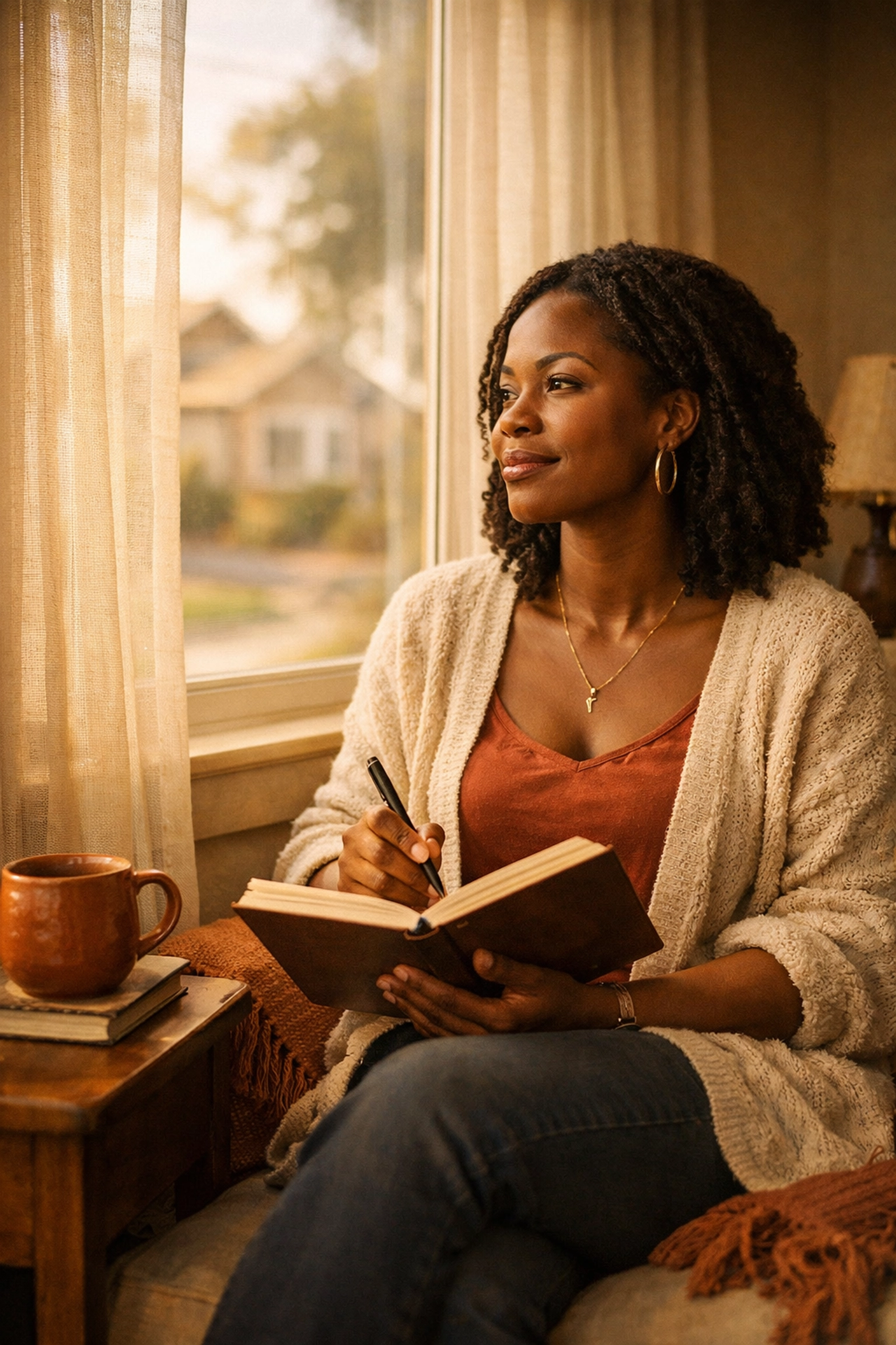 Woman journaling by window, reflecting on her trauma therapy progress and healing journey