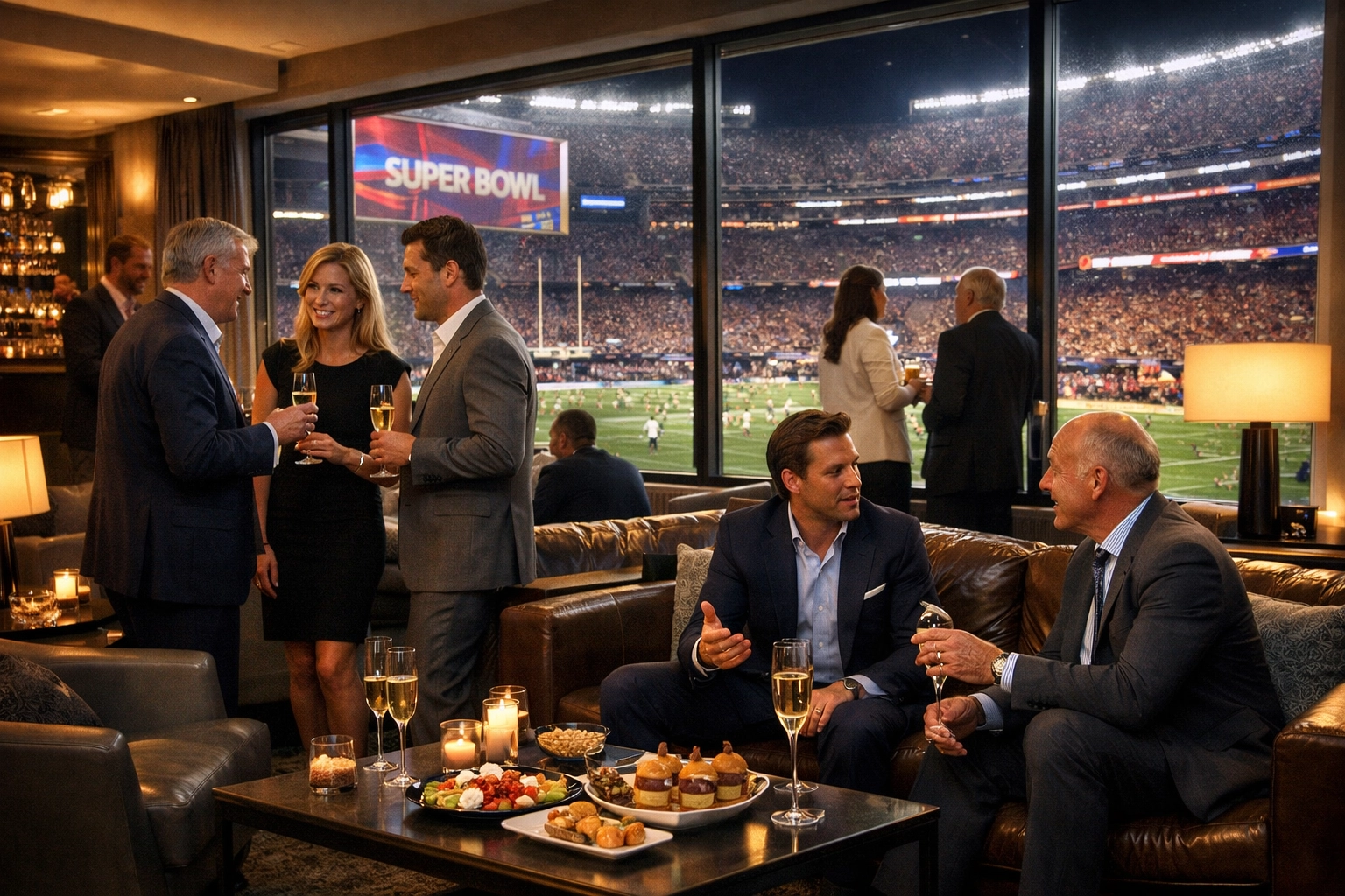 NEWSLETTER: Stop Losing Million-Dollar Deals at the Super Bowl: 5 Networking Strategies That Actually Work Luxury Super Bowl suite with executives networking during game in premium hospitality setting