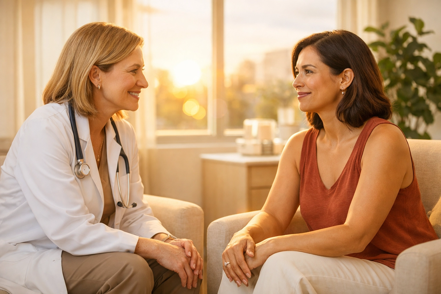 Doctor and surrogate discussing medical care, representing bodily autonomy in Massachusetts surrogacy.